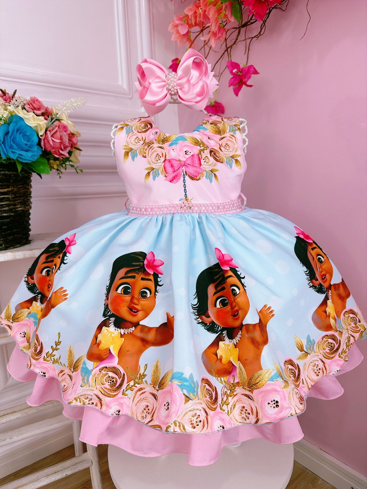 Vestido Infantil Tema Moana Baby Festa Roupa Luxo Promoção