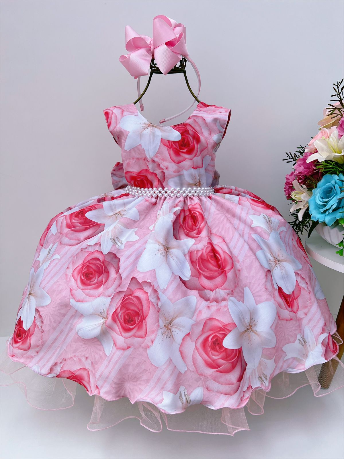 Vestido Infantil Princesas Rosa Cinto de Pérolas e Laço - Fabuloso Ateliê