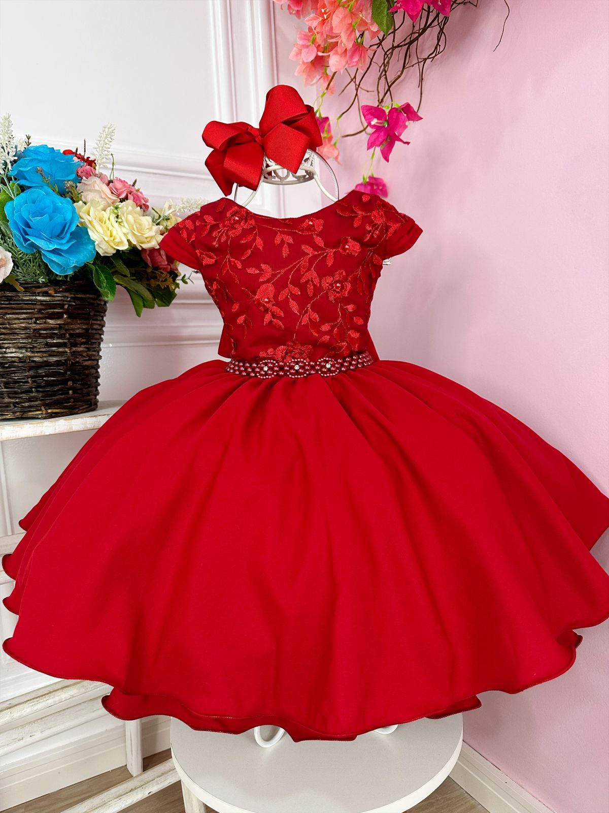 Vestido Bebê Vermelho Renda Princesa Realeza Laço Babados