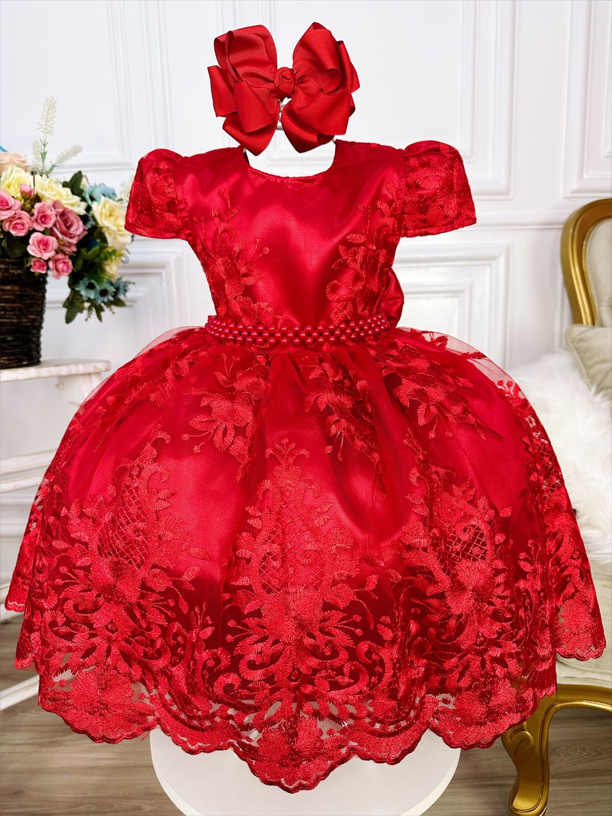 Vestido Infantil Vermelho Renda Realeza e Pérolas - Fabuloso Ateliê