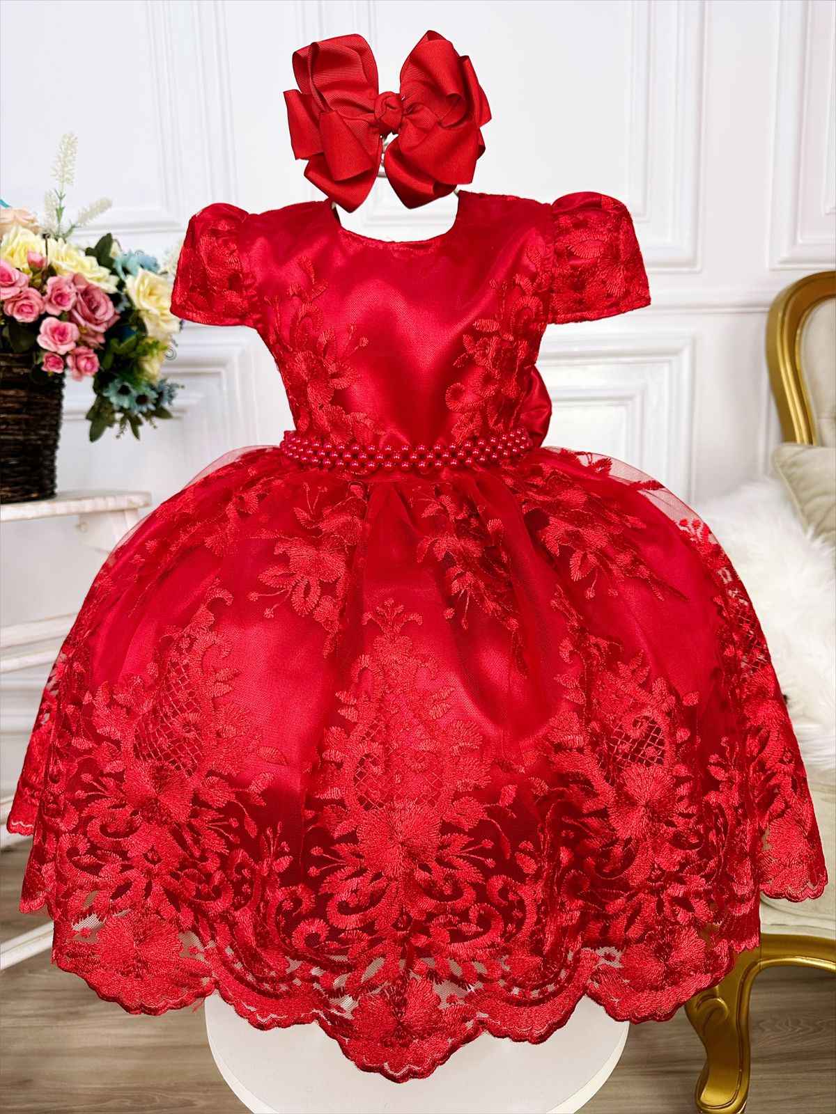 Vestido Infantil Vermelho Renda Princesas Realeza Luxo Festa