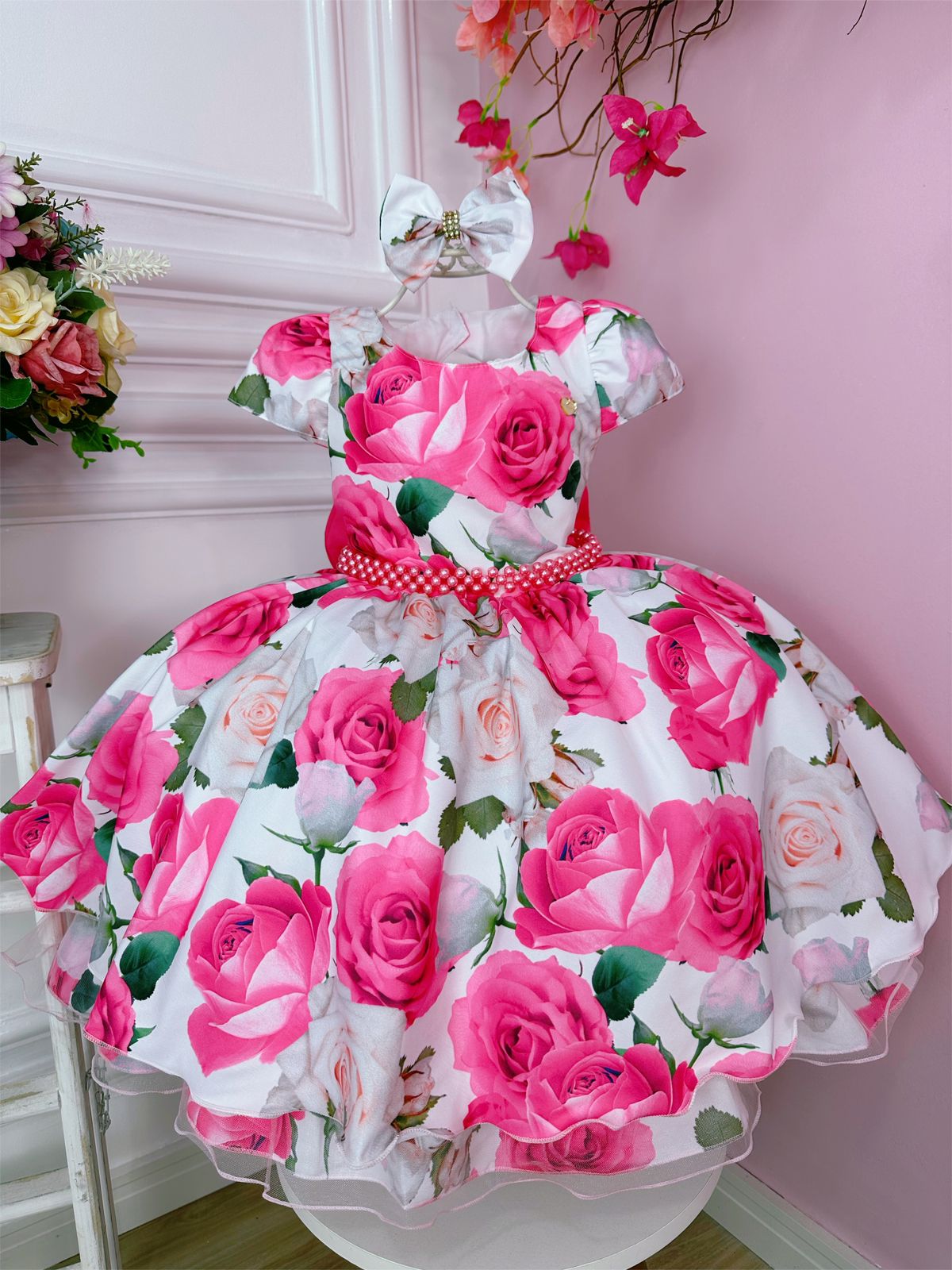 Vestido Infantil Branco e Vermelho Floral Luxo Princesa Dama