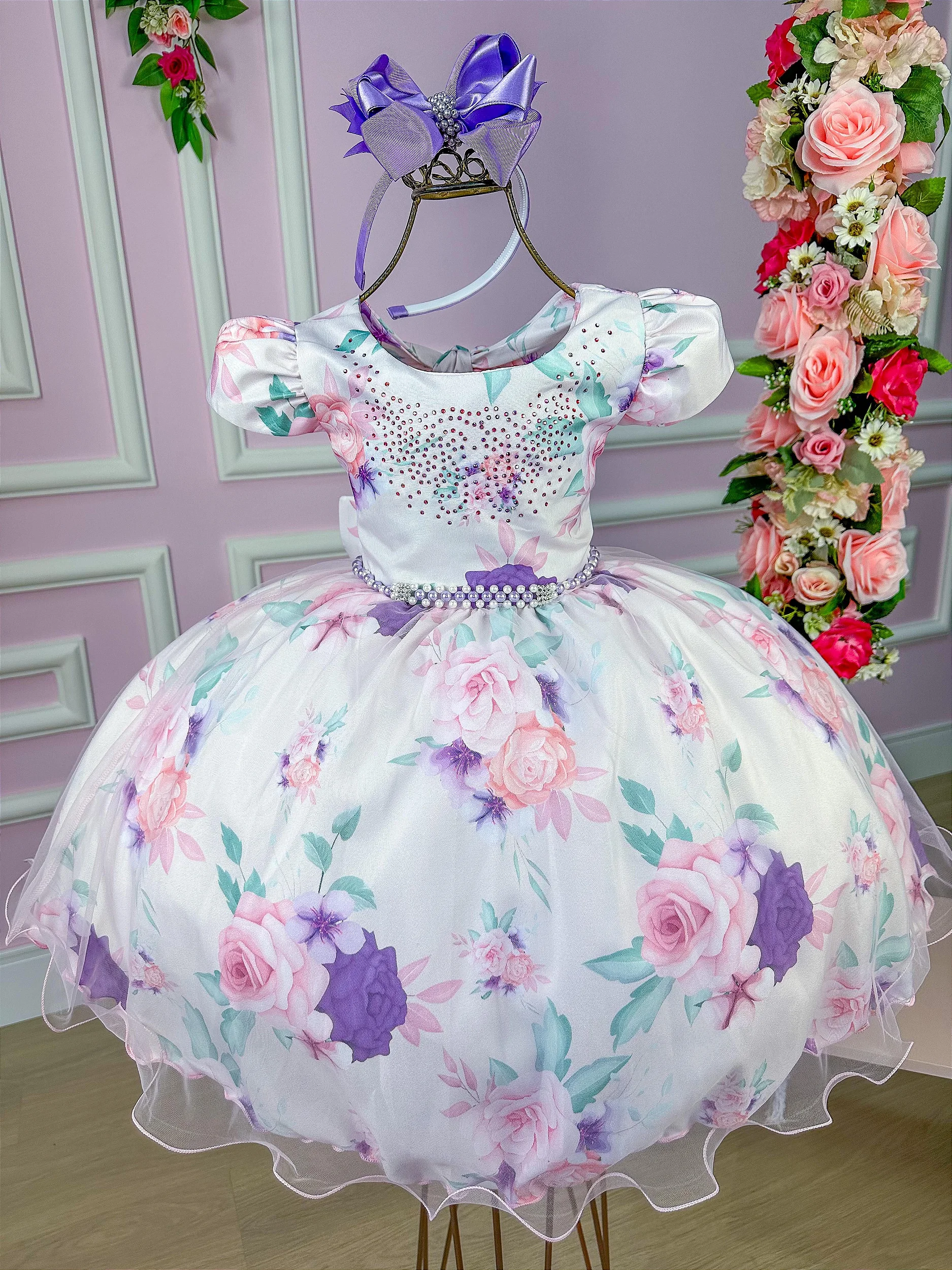 Vestido Infantil Lilás Princesa Sofia Apliques de Flores - Fabuloso Ateliê