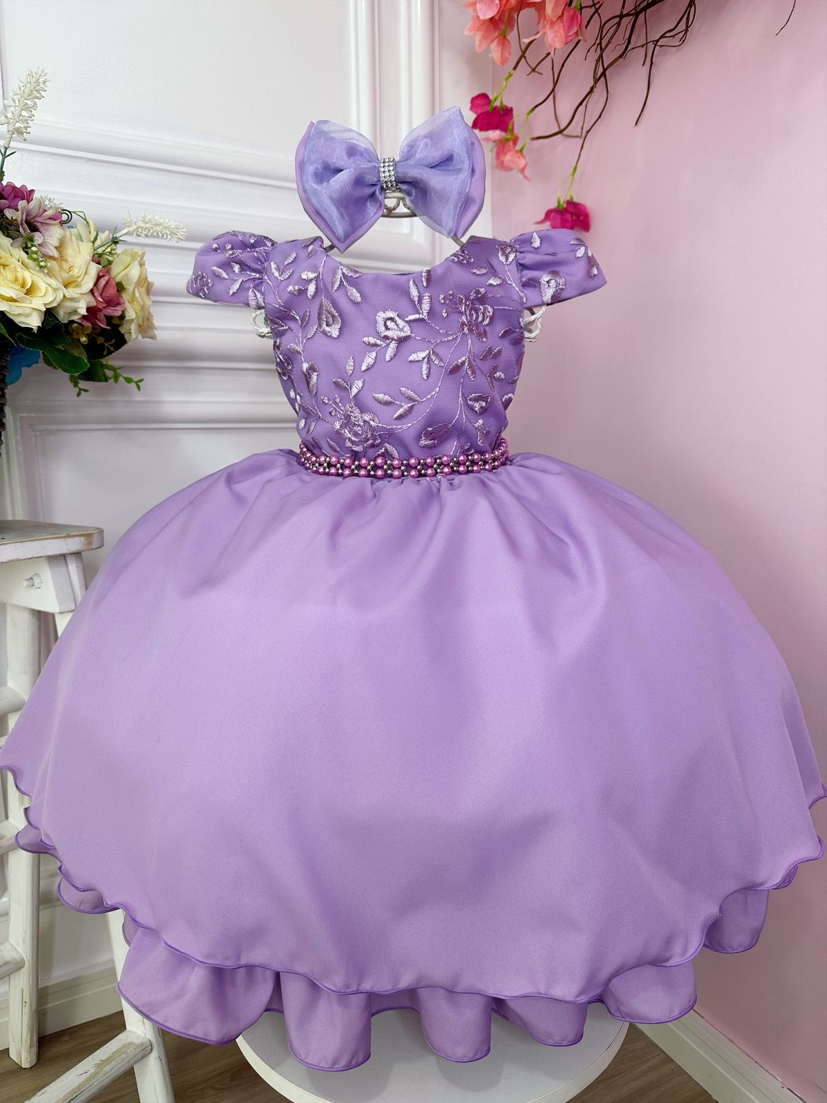 Vestido Infantil Princesas Rosa Cinto de Pérolas e Laço - Fabuloso Ateliê