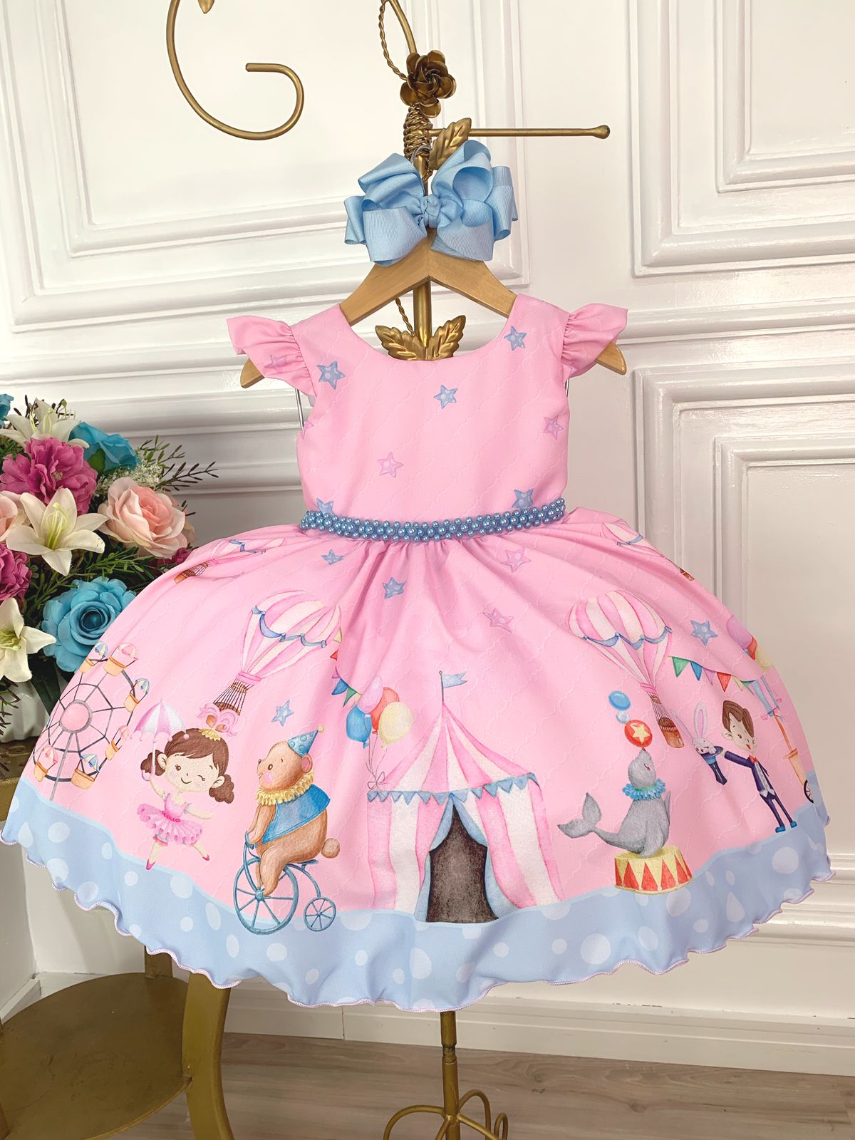 Vestido Infantil Princesas Rosa Cinto de Pérolas e Laço - Fabuloso Ateliê