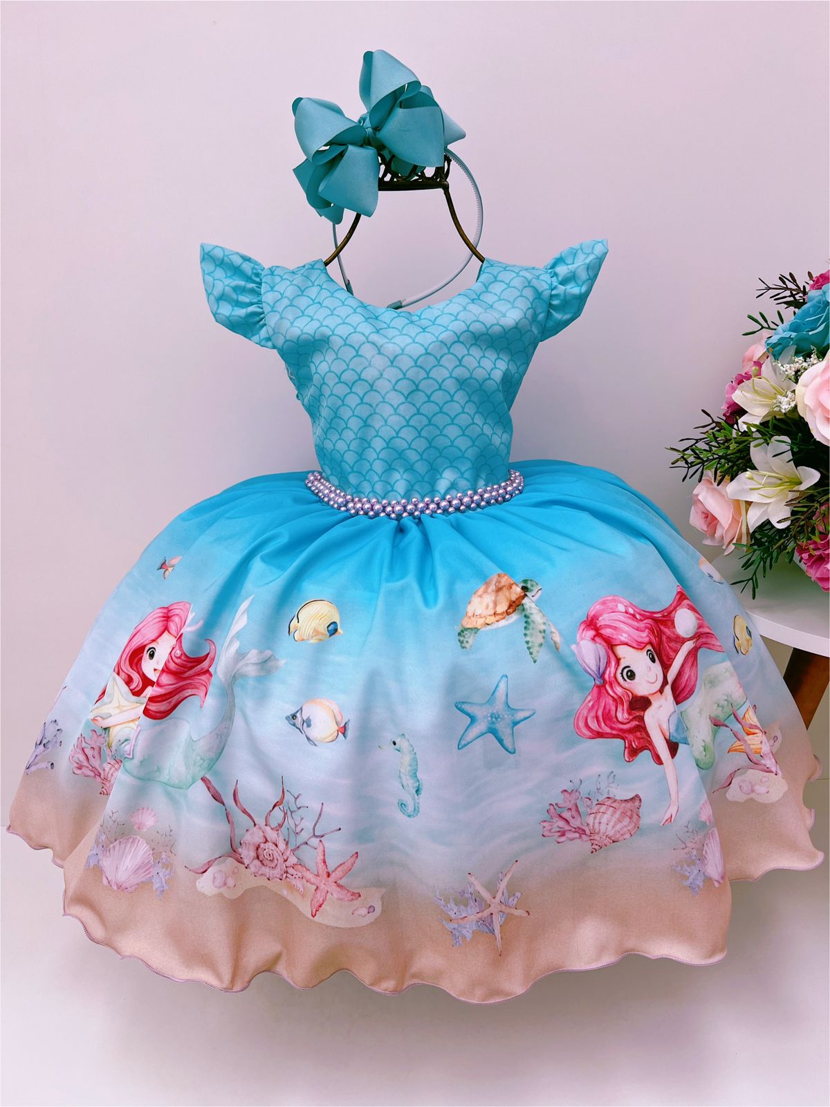 Vestido Infantil Festa Pequena Sereia Ariel Fantasia Luxo