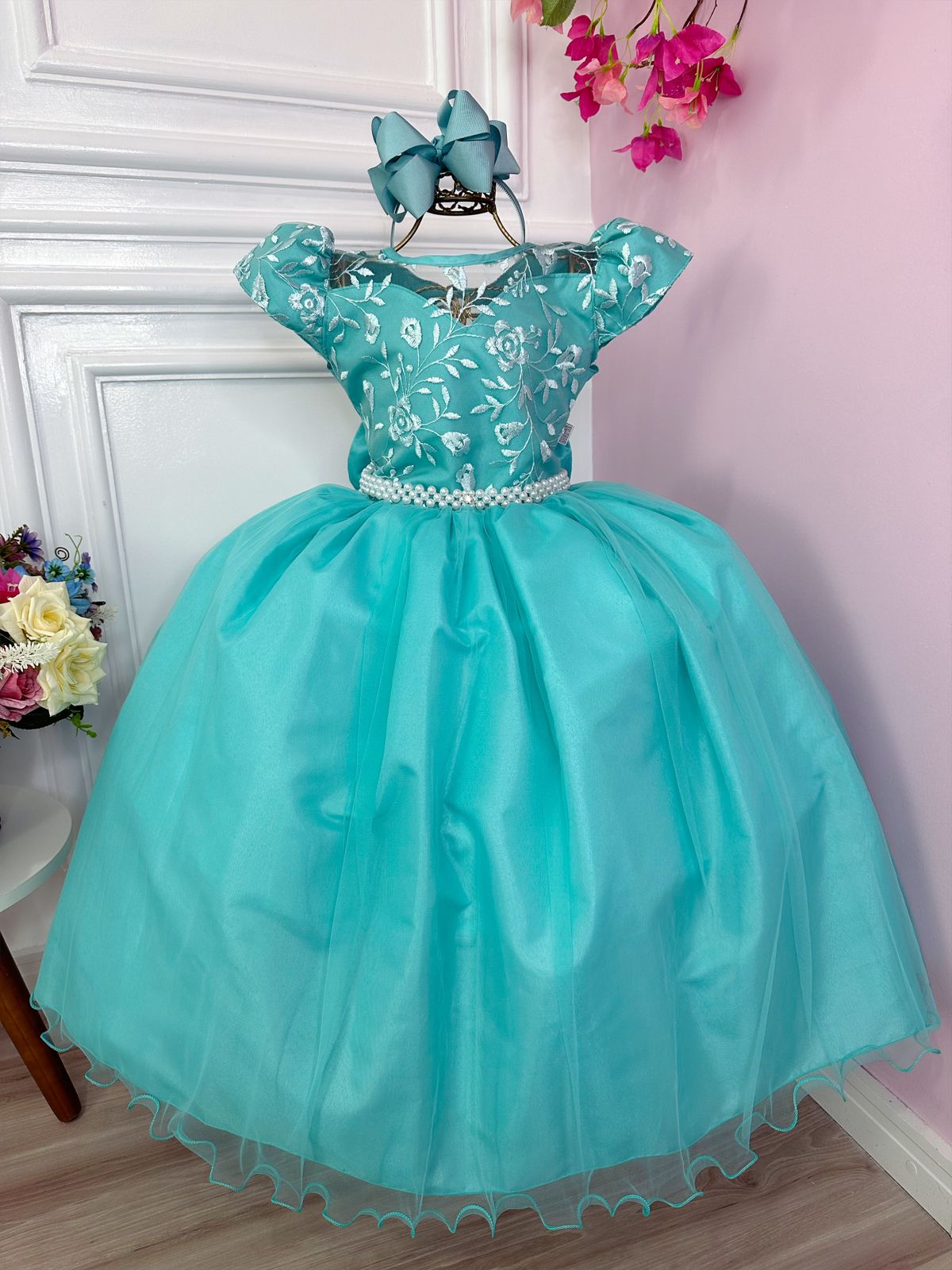 Vestido Infantil Dama Honra Azul Royal Casamento Renda - Rosa