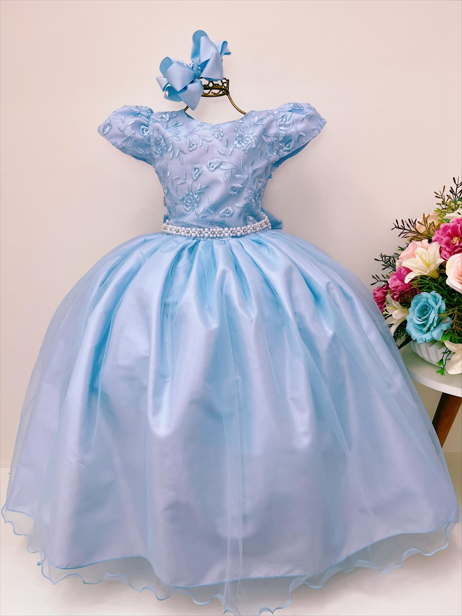 Vestido Infantil Cinderela Azul Renda e Pérolas - Fabuloso Ateliê