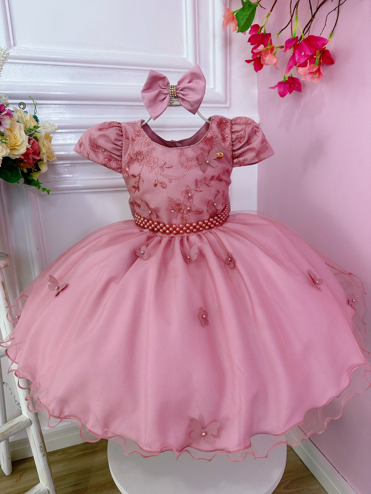 Vestido Infantil Barbie Rosa Aplique Laço - Fabuloso Ateliê