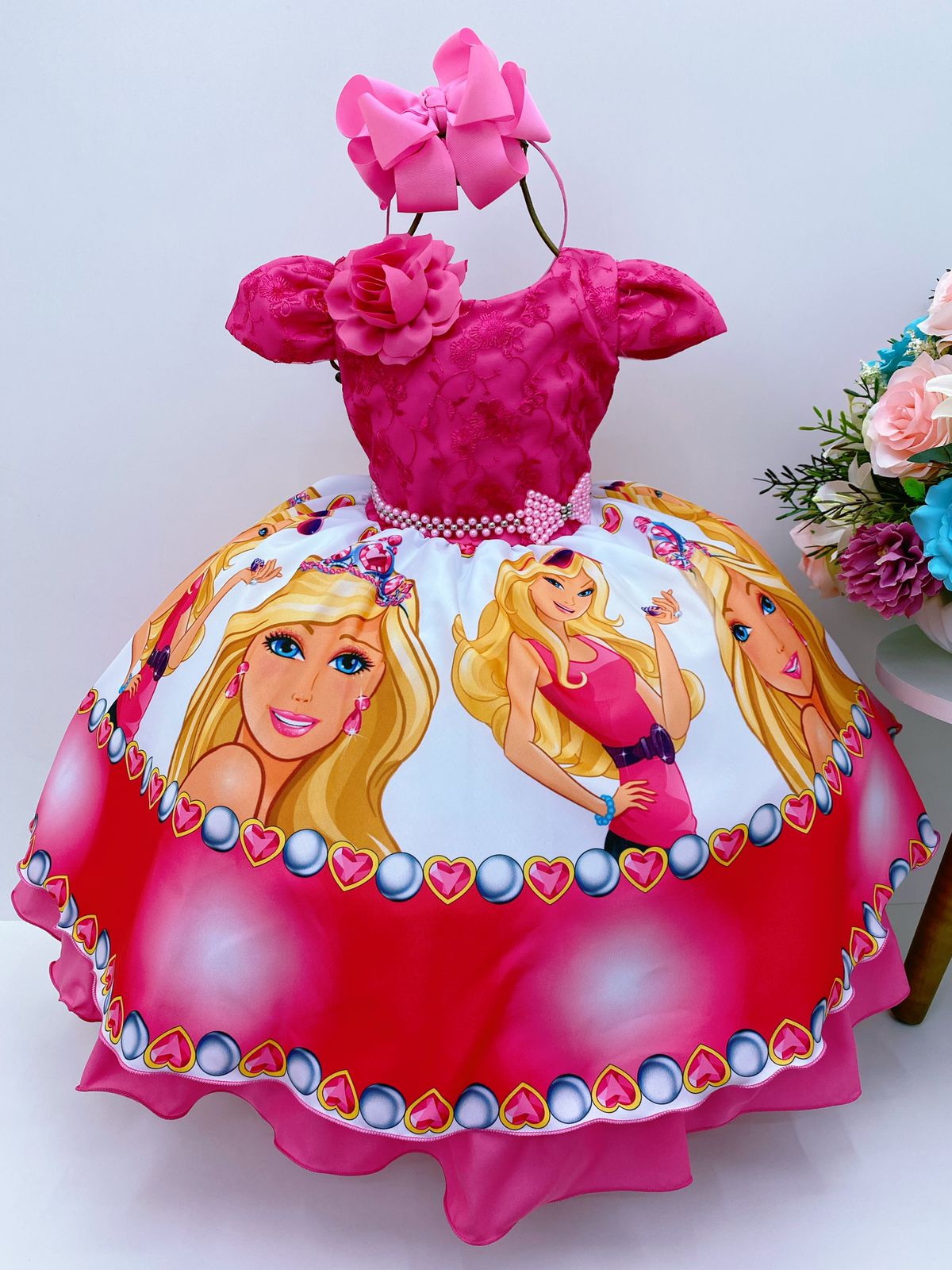 Vestido festa infantil Barbie meninas rosa luxo aniversário - LUXO