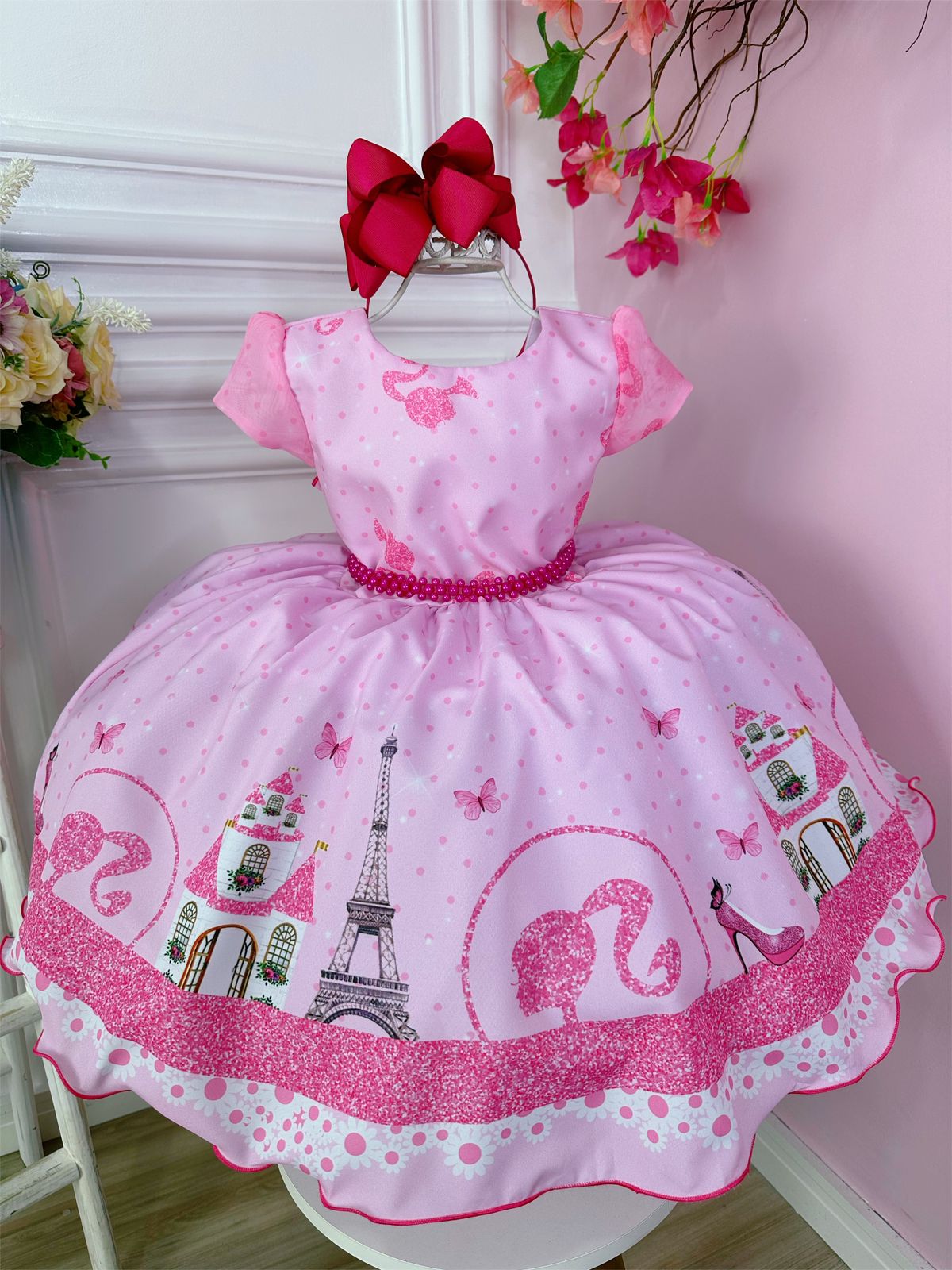 Vestido Infantil Barbie em Paris Rosa e Pink Cinto Pérolas - Fabuloso Ateliê