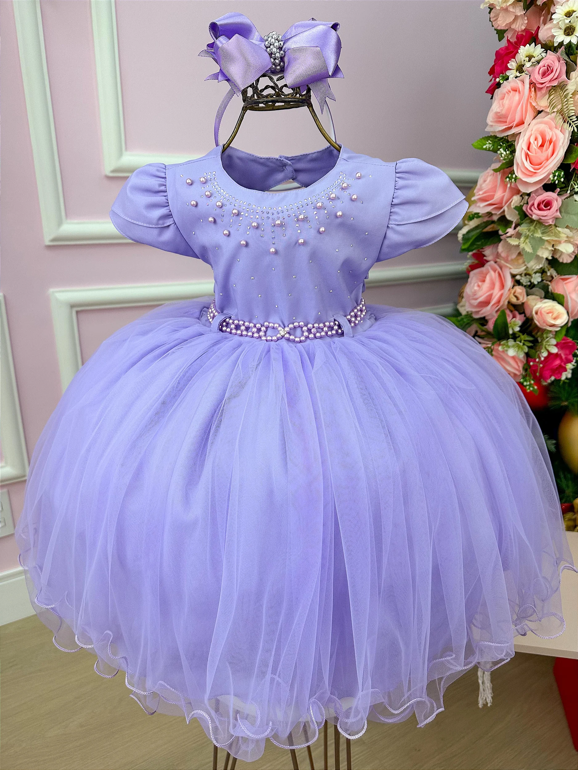 Vestido Infantil Sofia Princesa Lilás Strass Luxo Festas