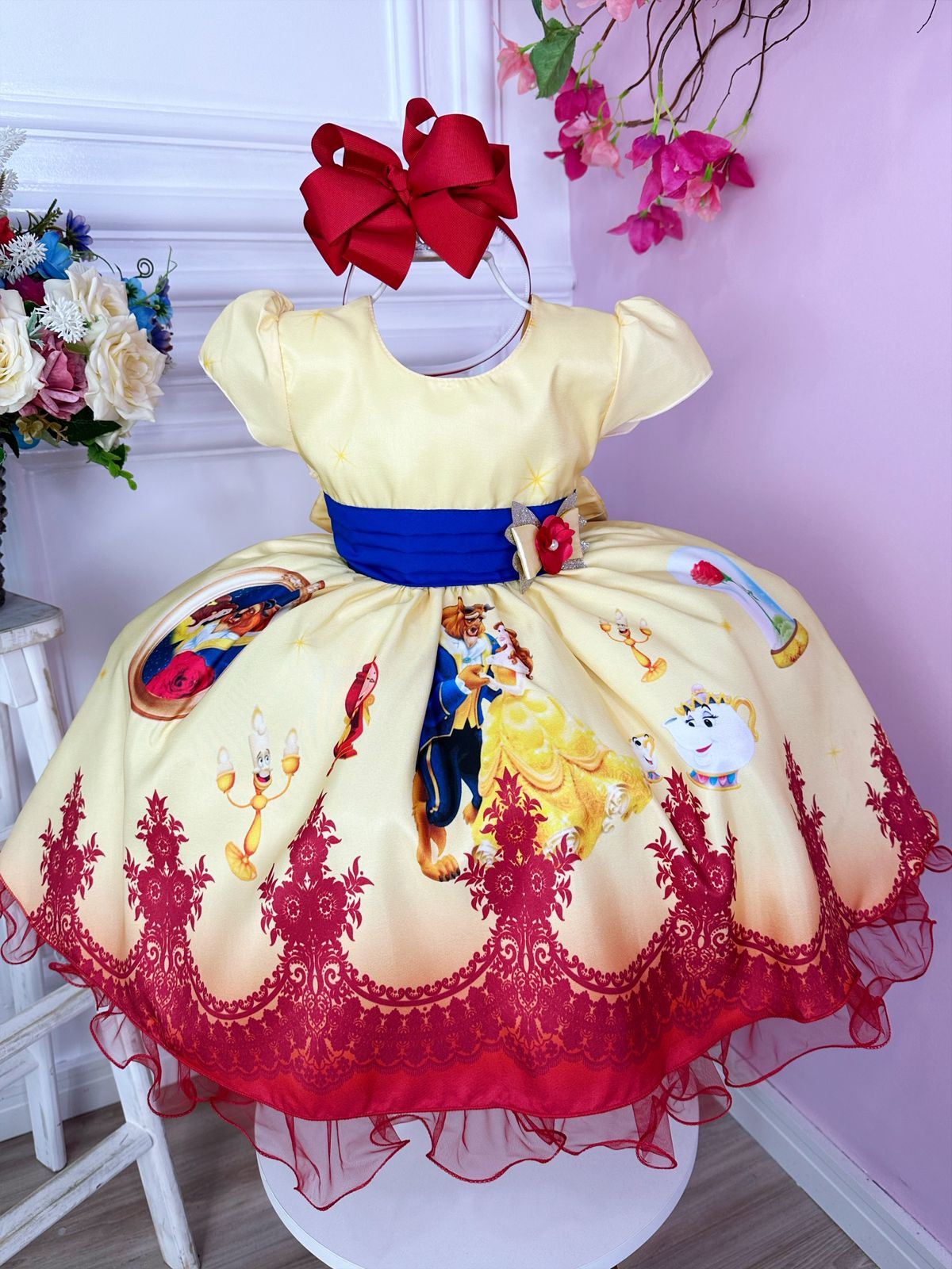 VESTIDO INFANTIL PRINCESA BELA E A FERA AMARELO C/ PÉROLAS