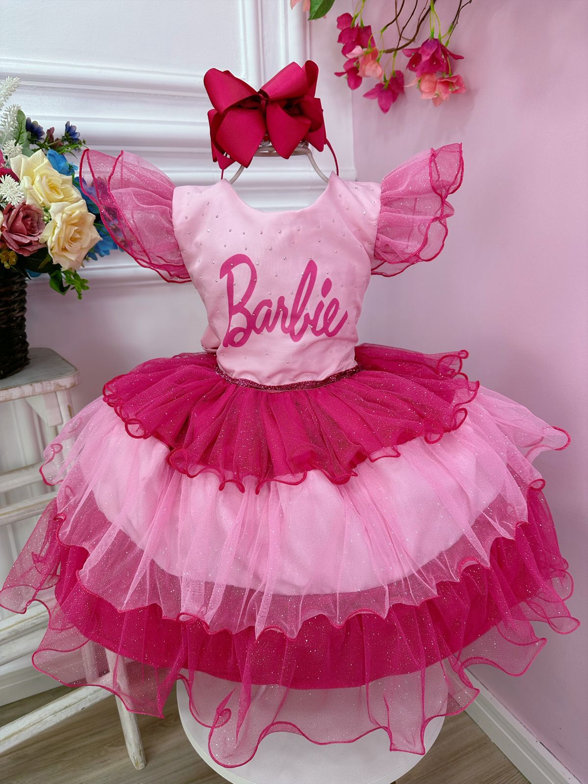 Vestido Infantil Rosa Barbie  Luxo Festa Aniversário - Encontro das  Princesas