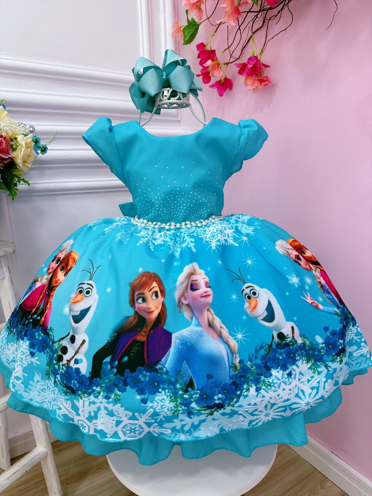 Vestido Infantil Frozen Elsa e Anna Verde Tiffany Strass - Fabuloso Ateliê