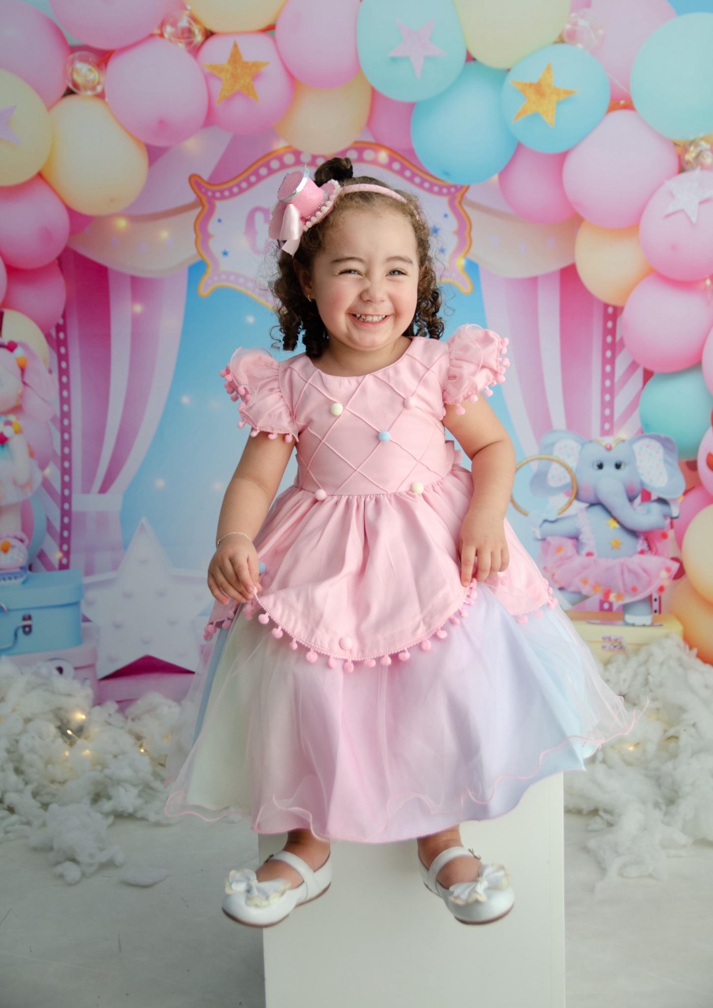 Vestido Infantil Rosa Circo Chuva de Amor Colorido - Fabuloso Ateliê