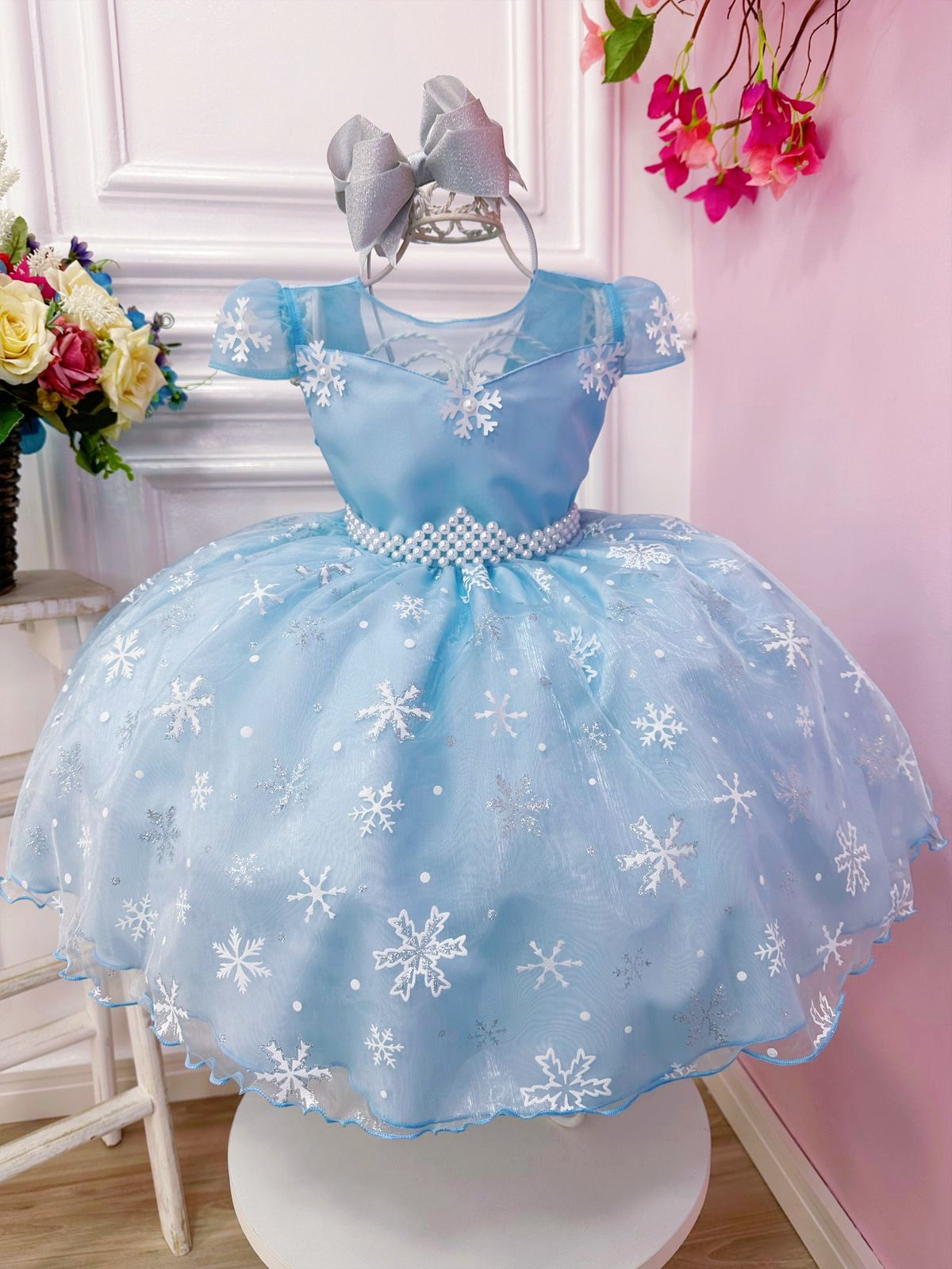 Vestido Infantil Frozen e Cinderela Com Renda Cinto Pérolas