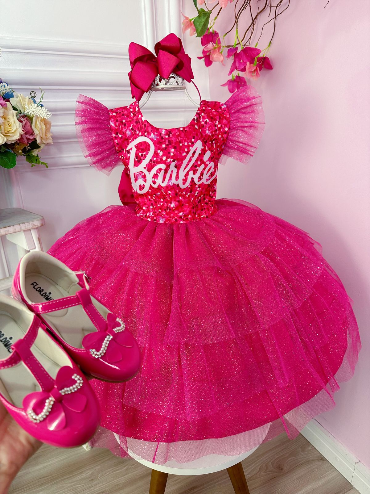 Vestido Festa Infantil Luxo Barbie Rosa Roupa Aniversário