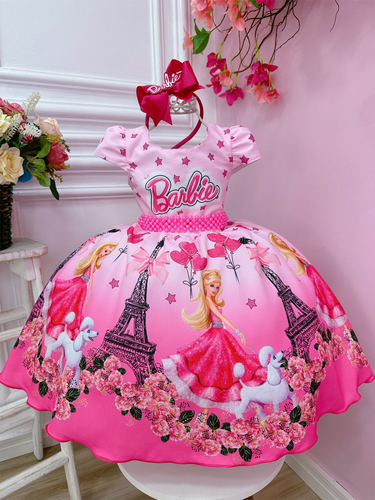 Vestido Infantil Barbie em Paris Rosa e Pink Cinto Pérolas - Fabuloso Ateliê