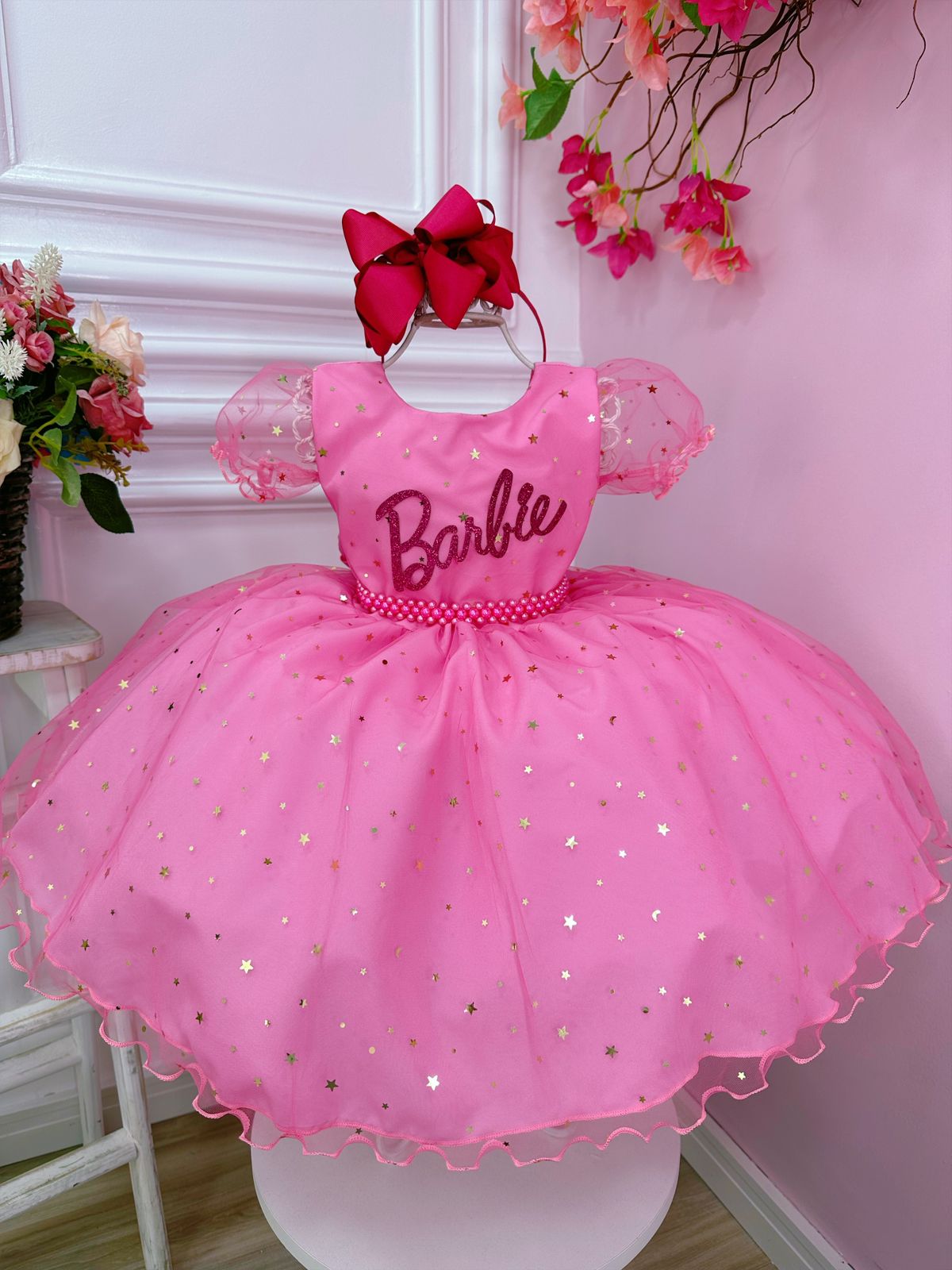 Vestido Infantil Princesa Barbie Com Laço e Glitter