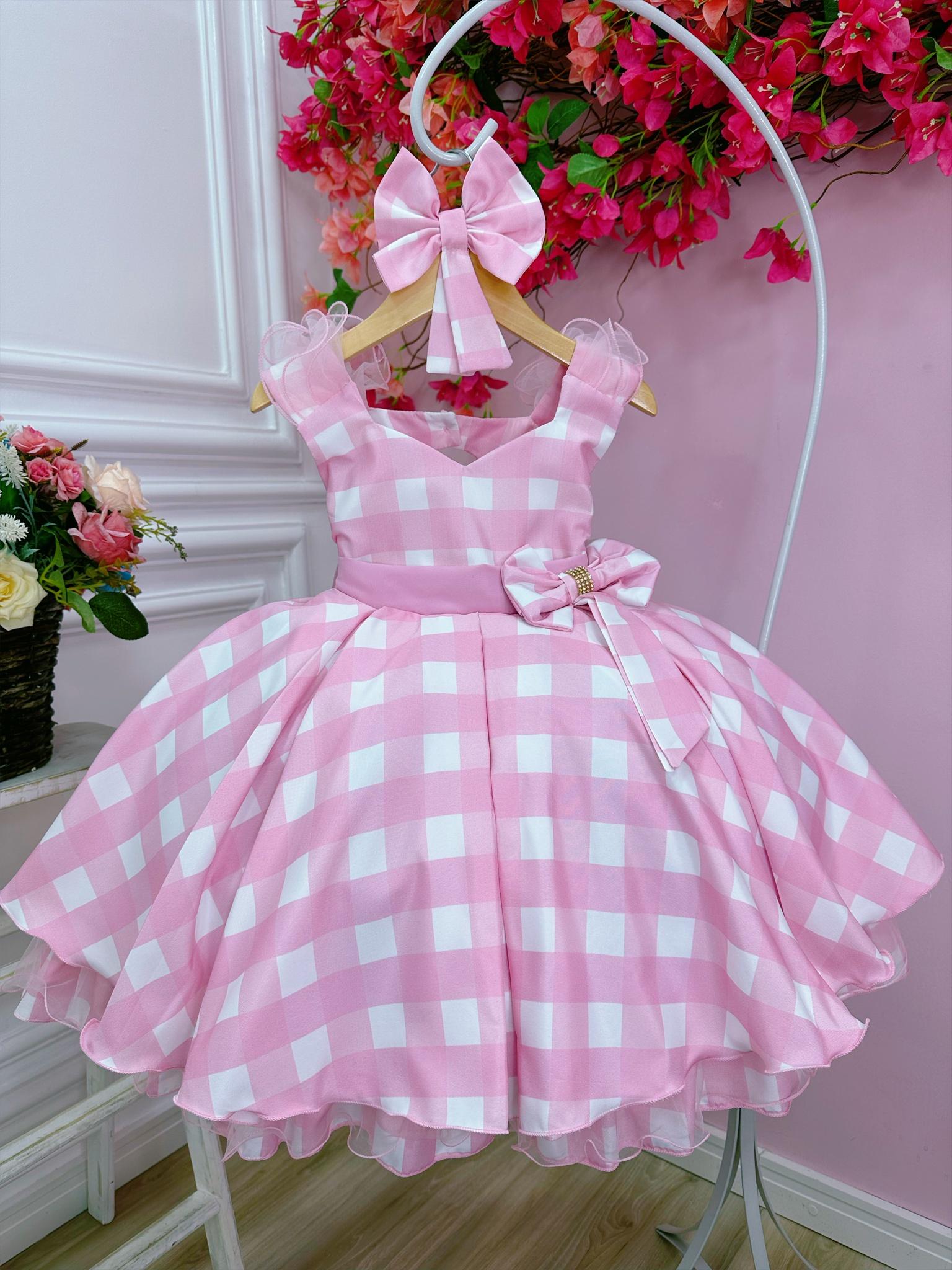 Vestido Barbie Filme xadrez branco e rosa com laço festa infantil  aniversário temático