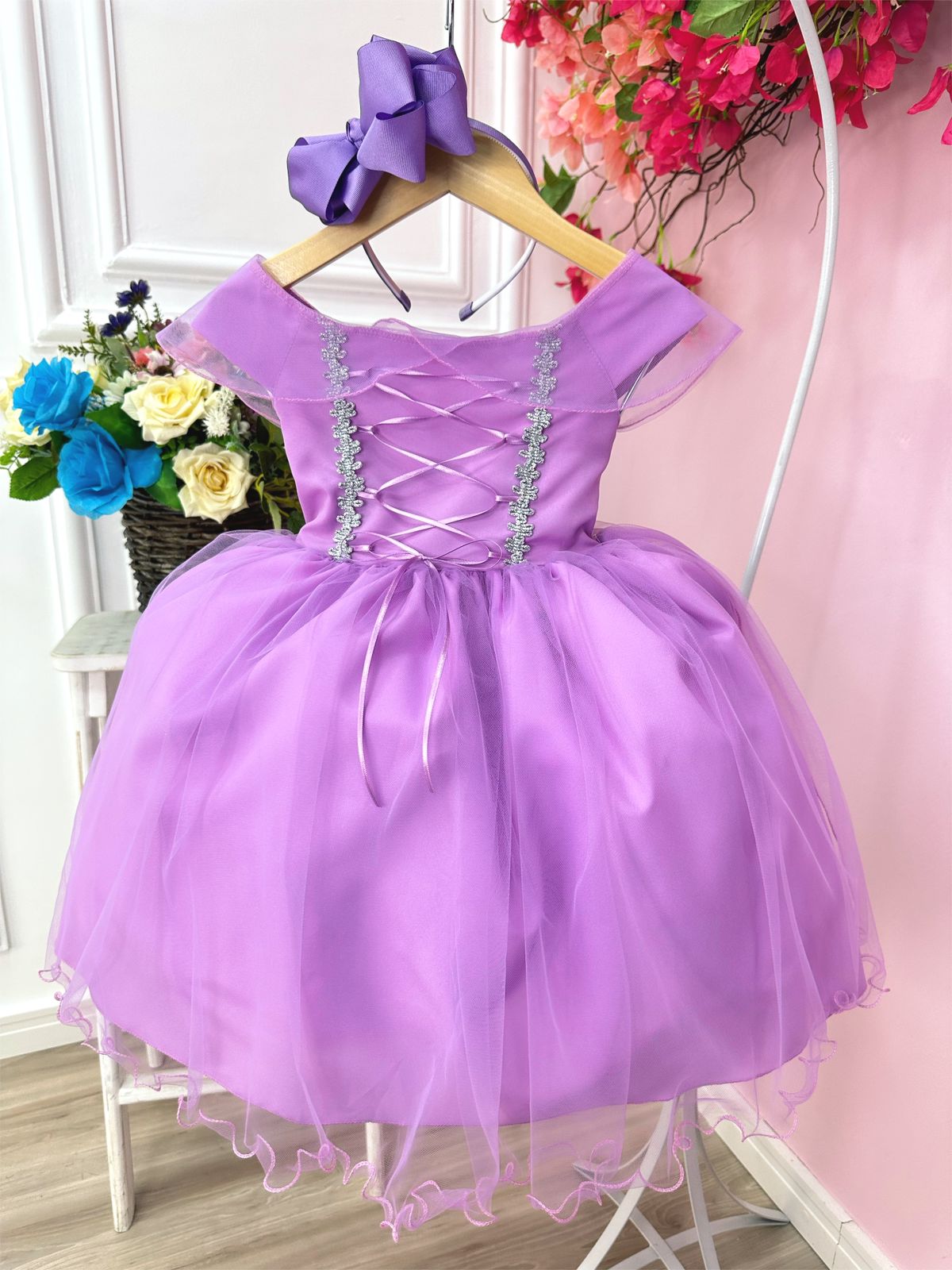 Vestido Infantil Princesa Sofia Rapunzel C/ Busto Trançado - Rosa