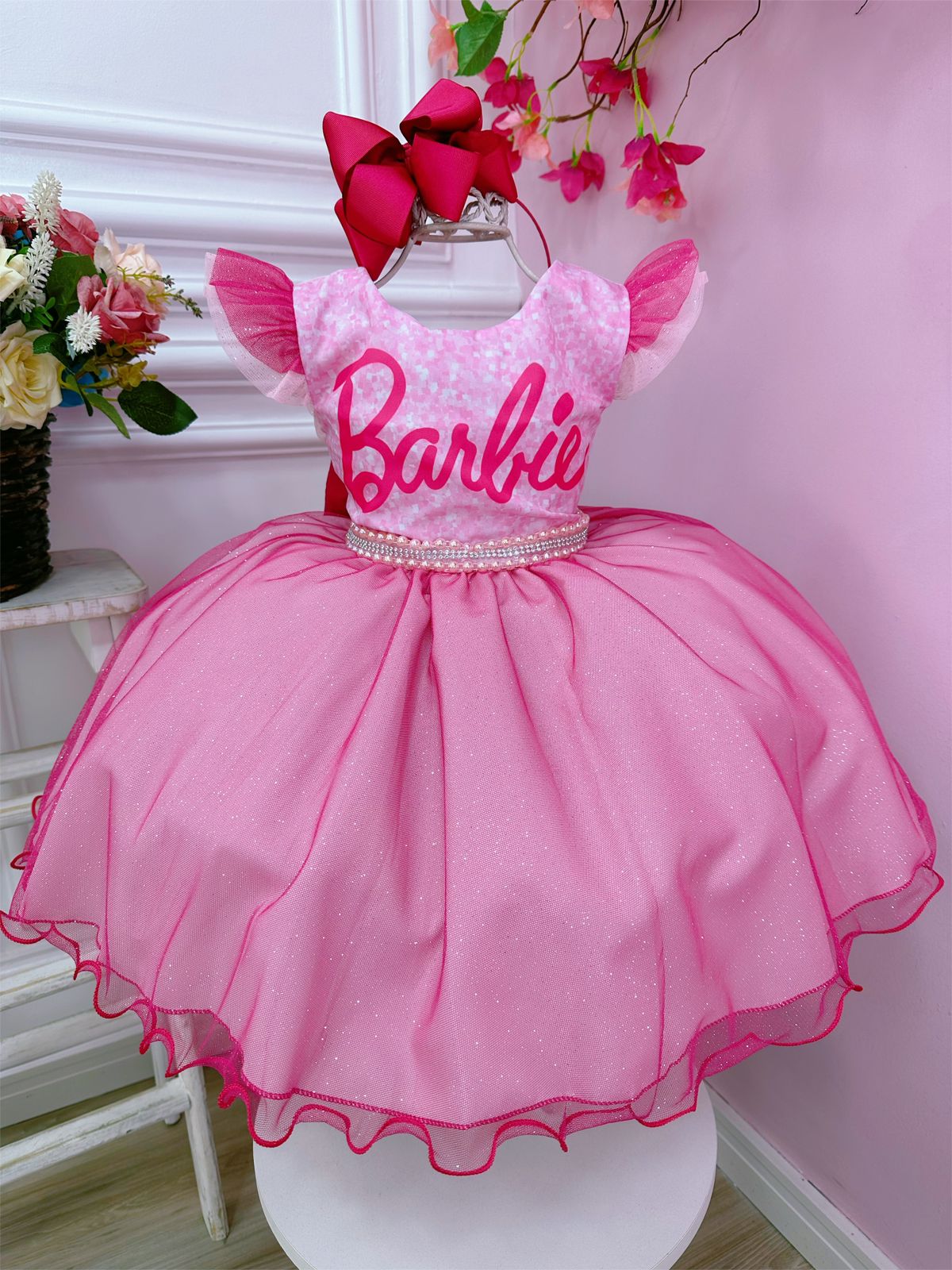 Vestido Infantil Princesa Barbie Com Laço e Glitter