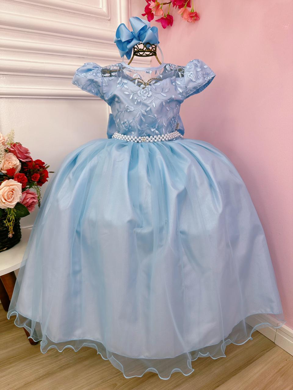 Vestido Infantil Damas Honra Casamento Azul Renda Pérola