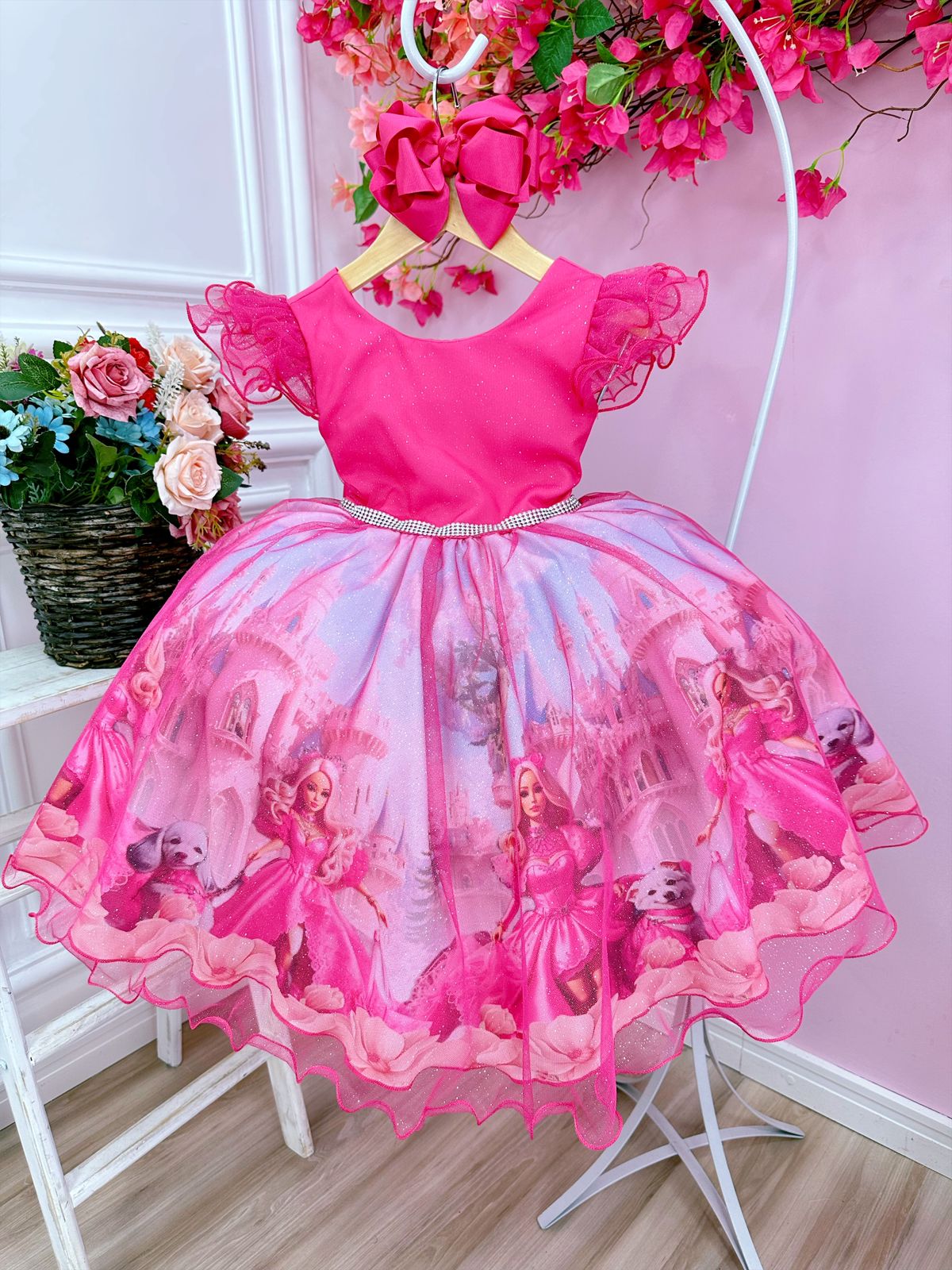 Vestido infantil Barbie Pink Babados Com Glitter Brilho - Fabuloso Ateliê