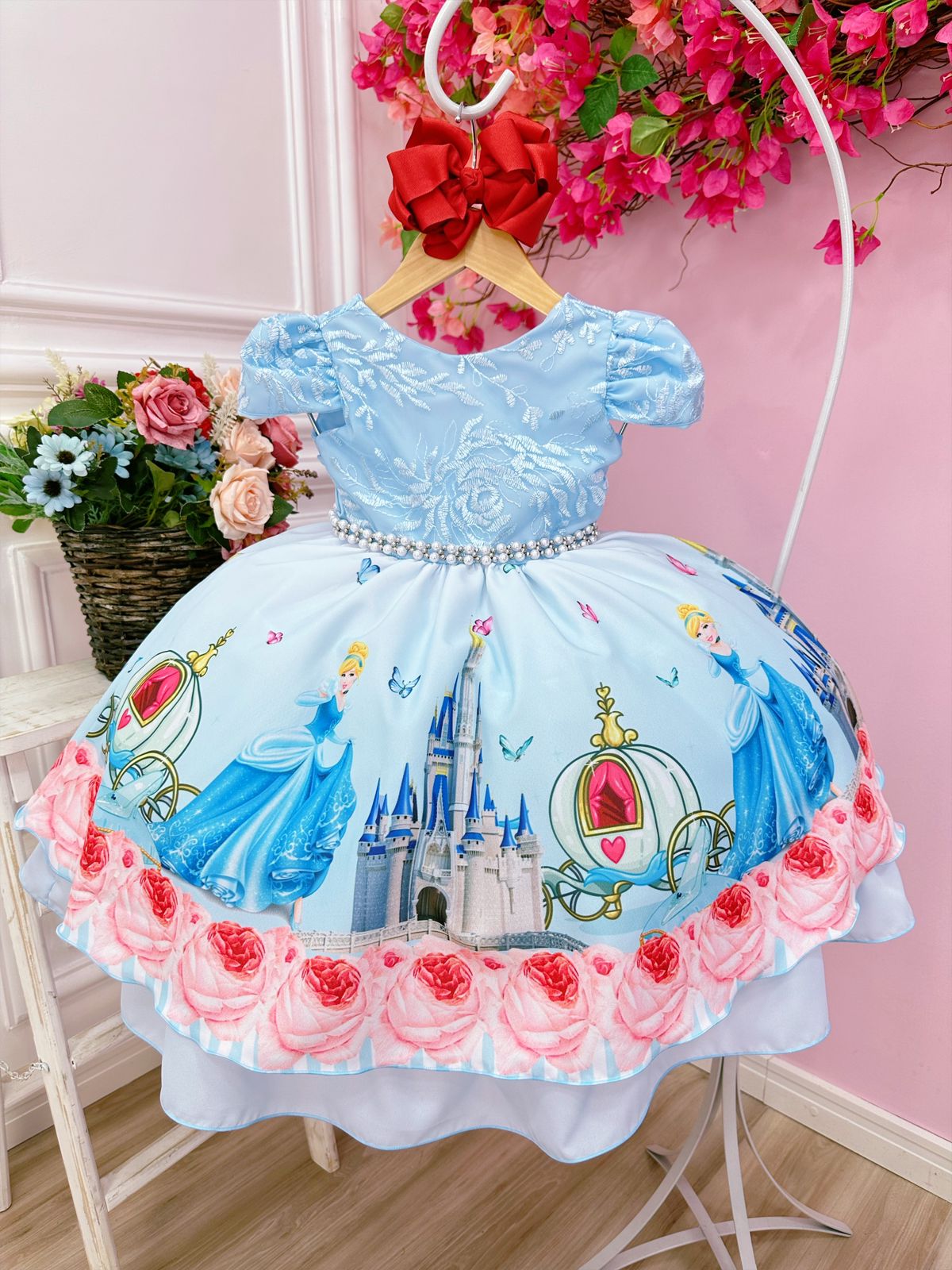 Vestido Infantil Cinderela Renda com Peitoral Bordado Azul de Festa  Aniversário Luxo