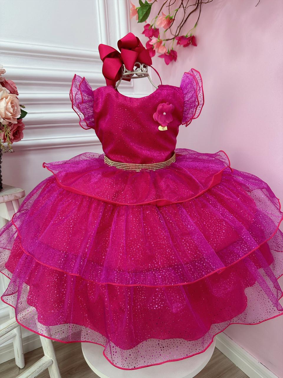 Vestido Infantil Barbie em Paris Rosa e Pink Cinto Pérolas - Fabuloso Ateliê