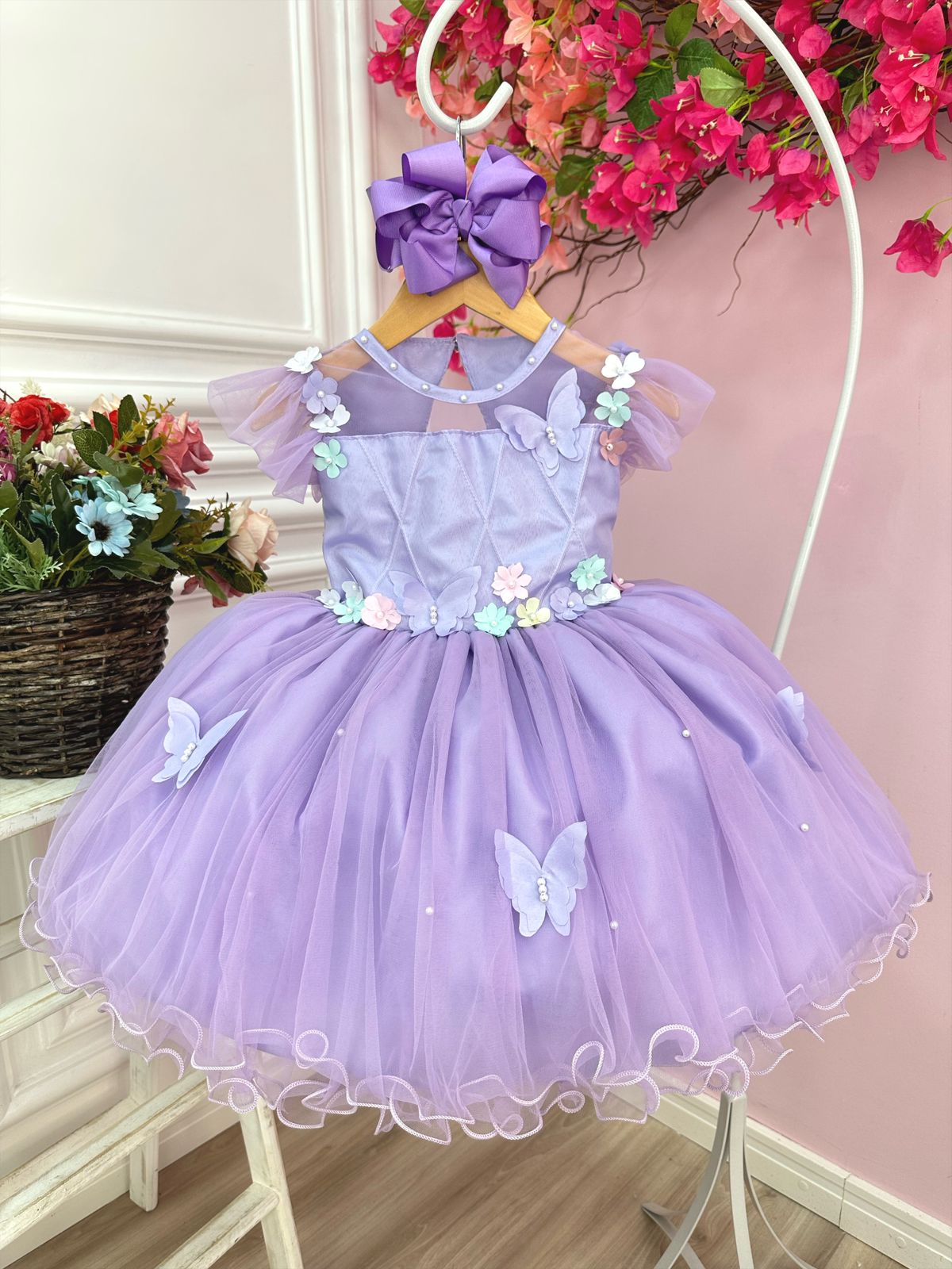 Vestido Infantil Princesa Sofia Lilás Aplique Pérolas Luxo