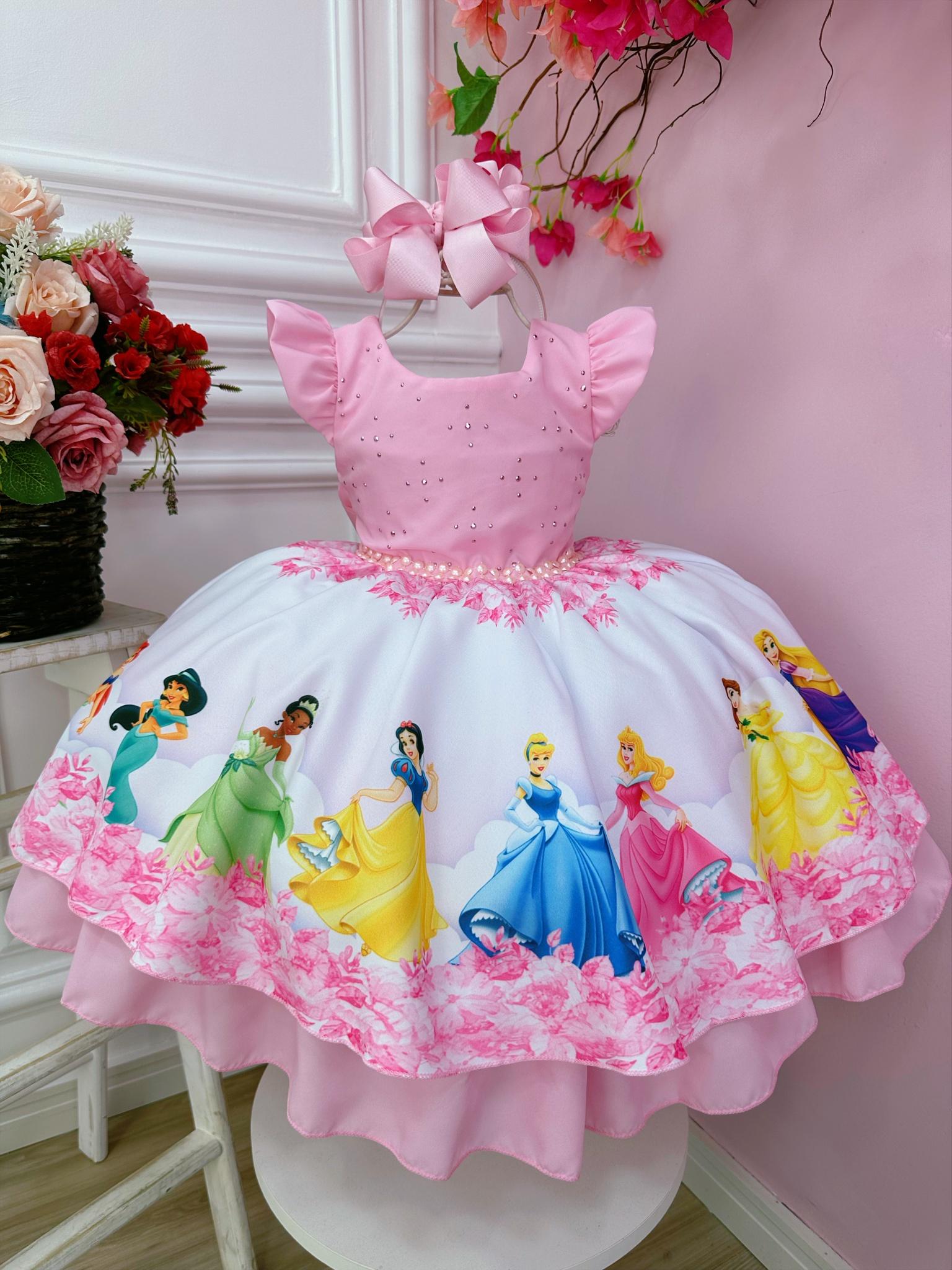 Vestido Infantil Frozen Princesas Com Cinto de Pérolas