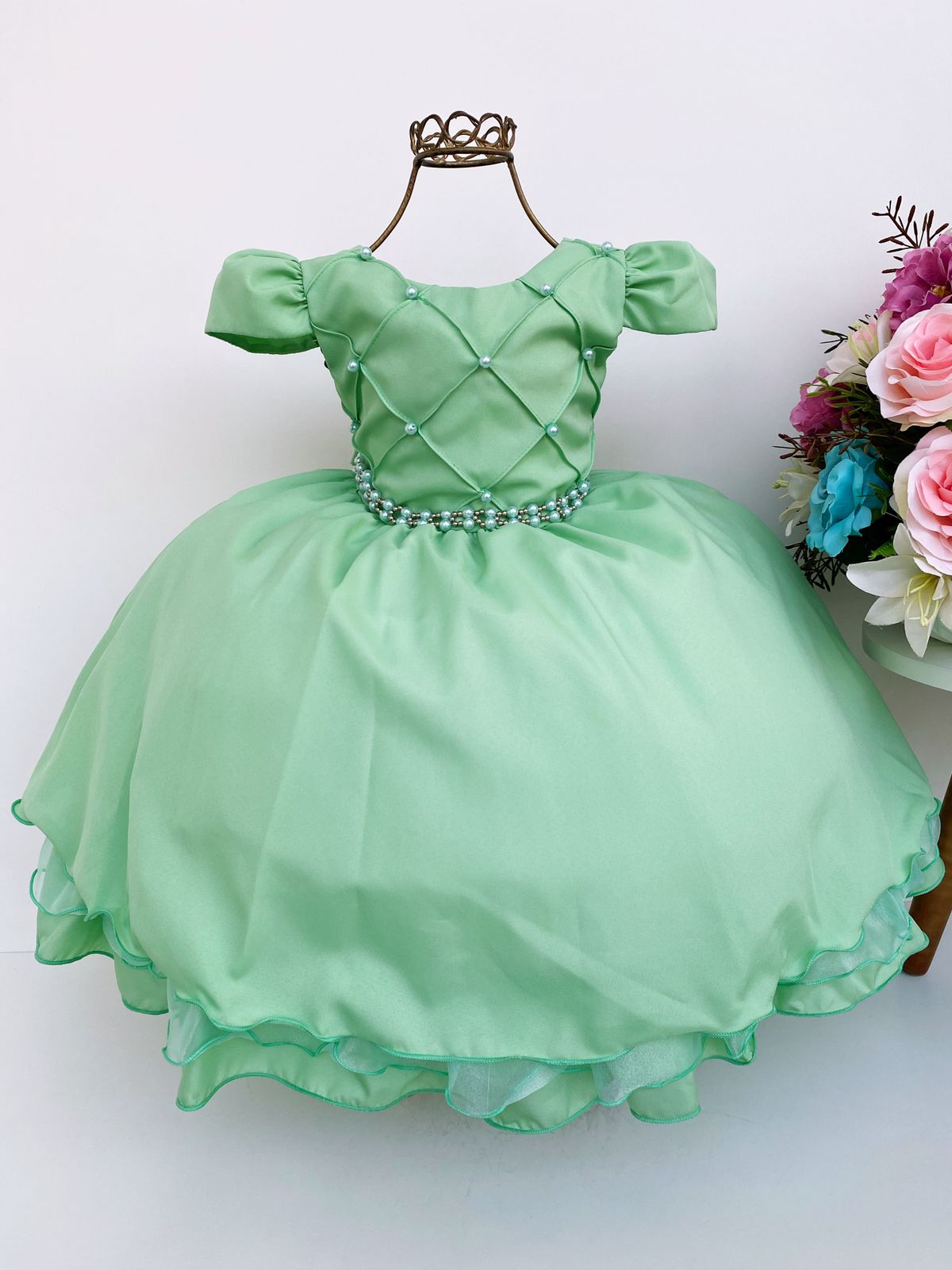 VESTIDO INFANTIL LILÁS C/ CINTO DE PÉROLAS CASAMENTO LUXO