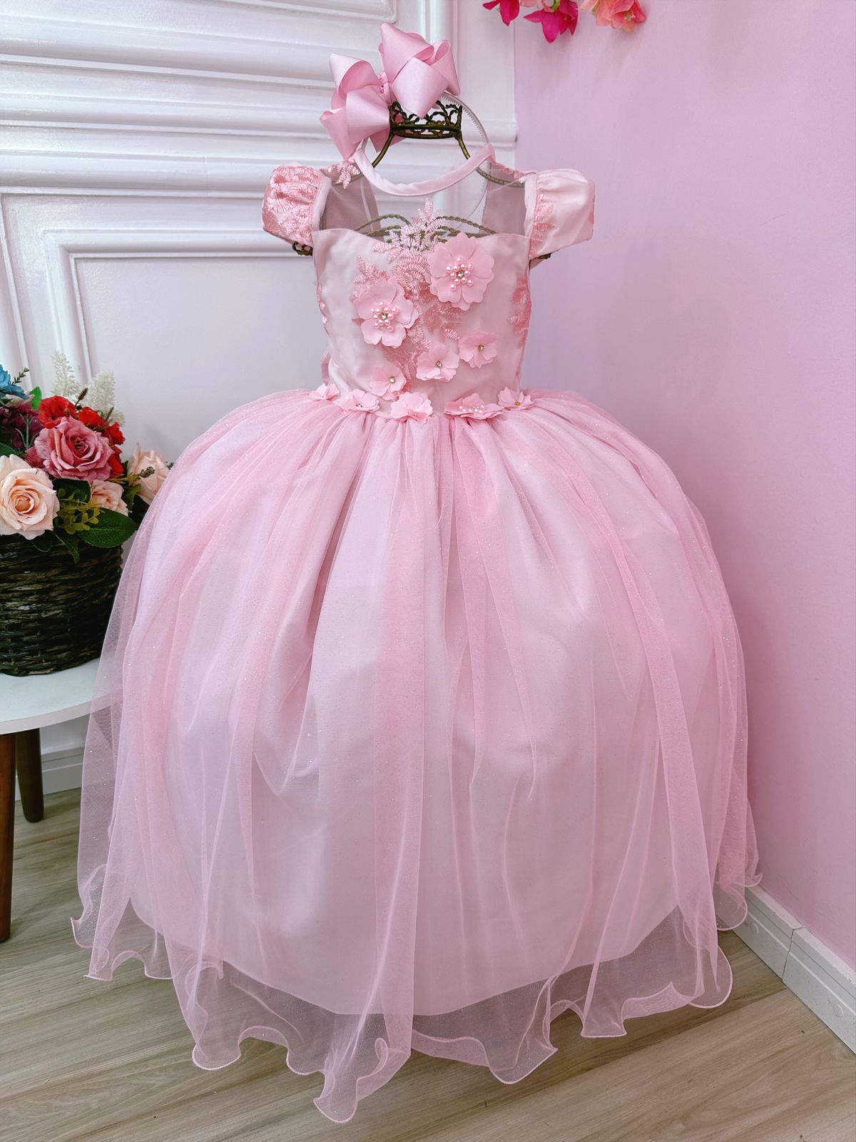 Vestido Infantil Barbie Rosa Aplique Laço - Fabuloso Ateliê