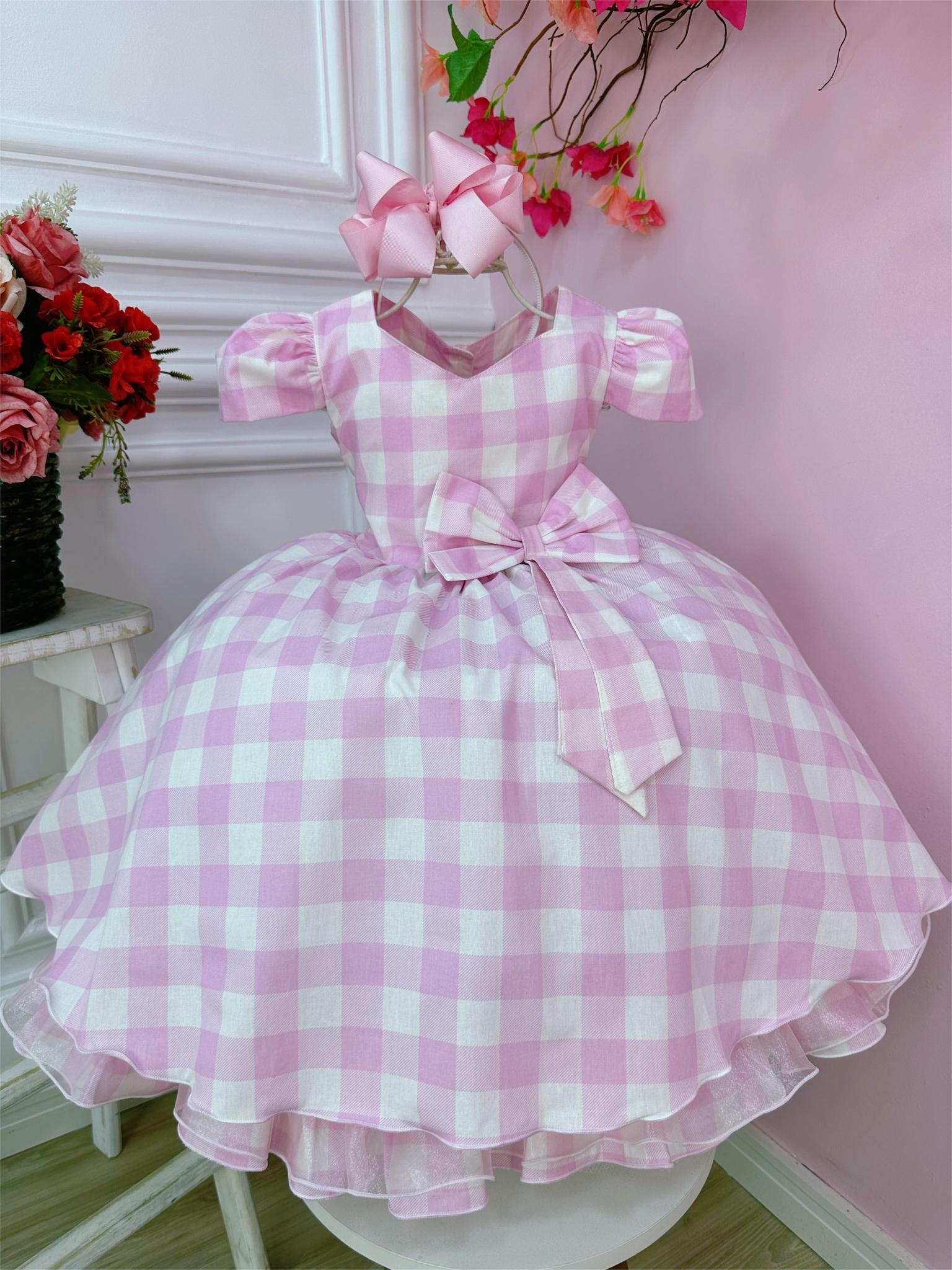 Vestido Infantil Barbie Filme Xadrez Rosa Brilho