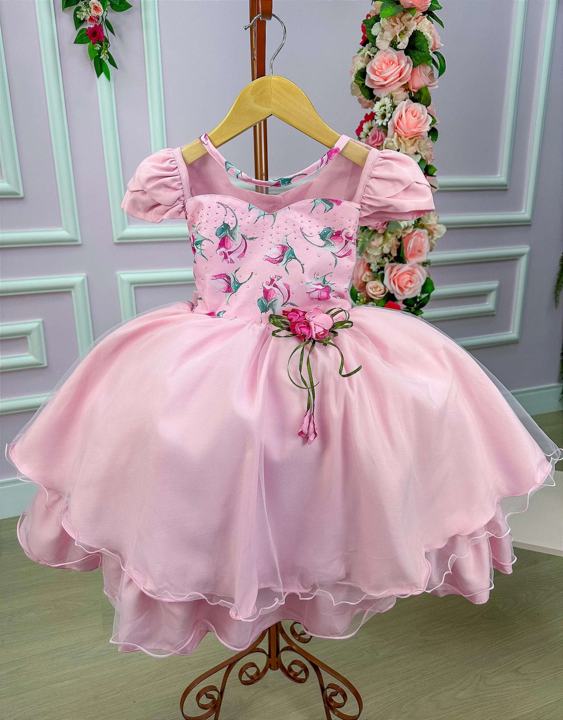 Vestido Infantil Princesas Rosa Cinto de Pérolas e Laço - Fabuloso Ateliê