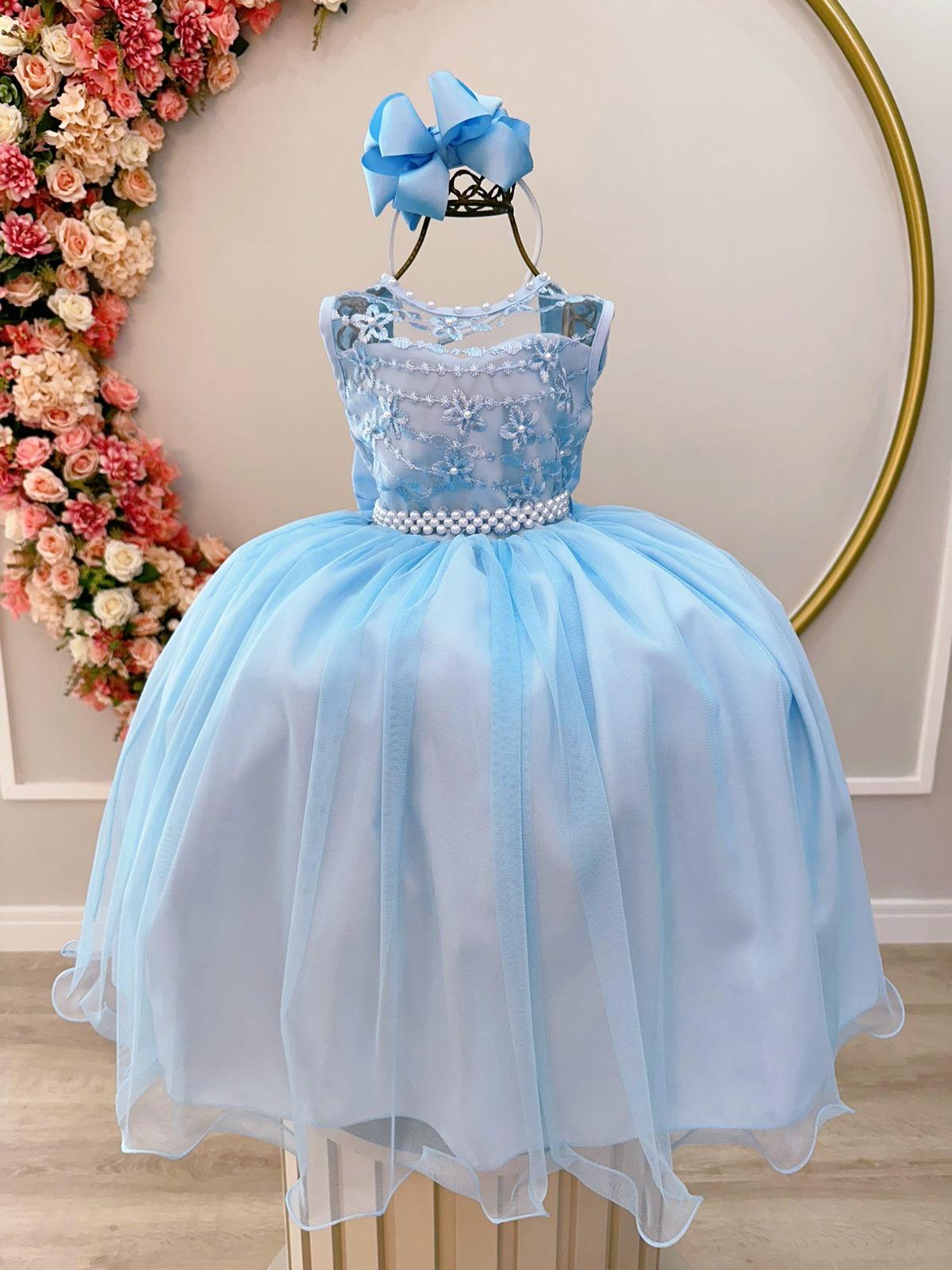 Vestido Infantil Cinderela Azul Renda e Pérolas - Fabuloso Ateliê