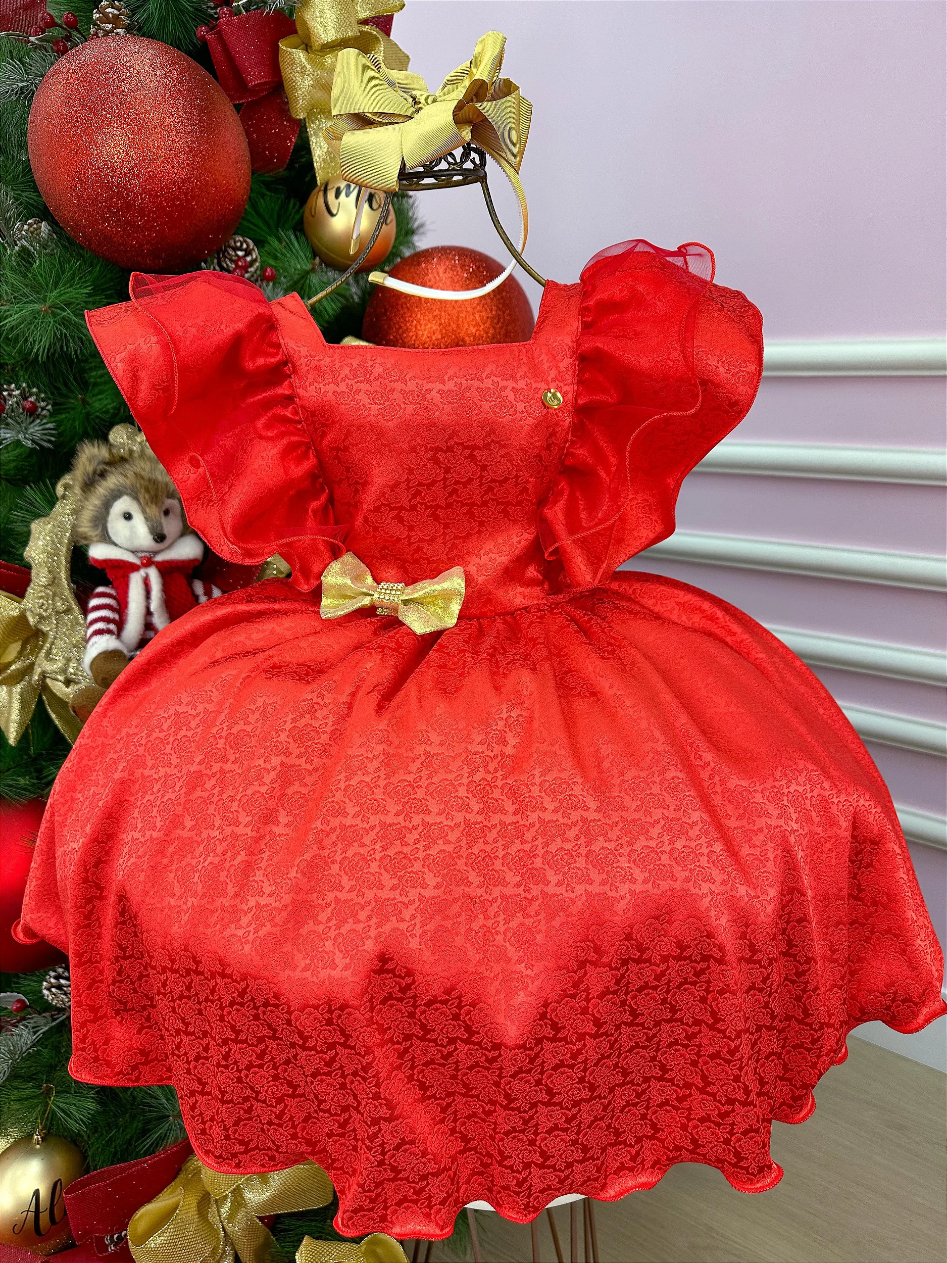 Vestido Infantil Vermelho Dourado Natal Festa Moranguinho Minnie