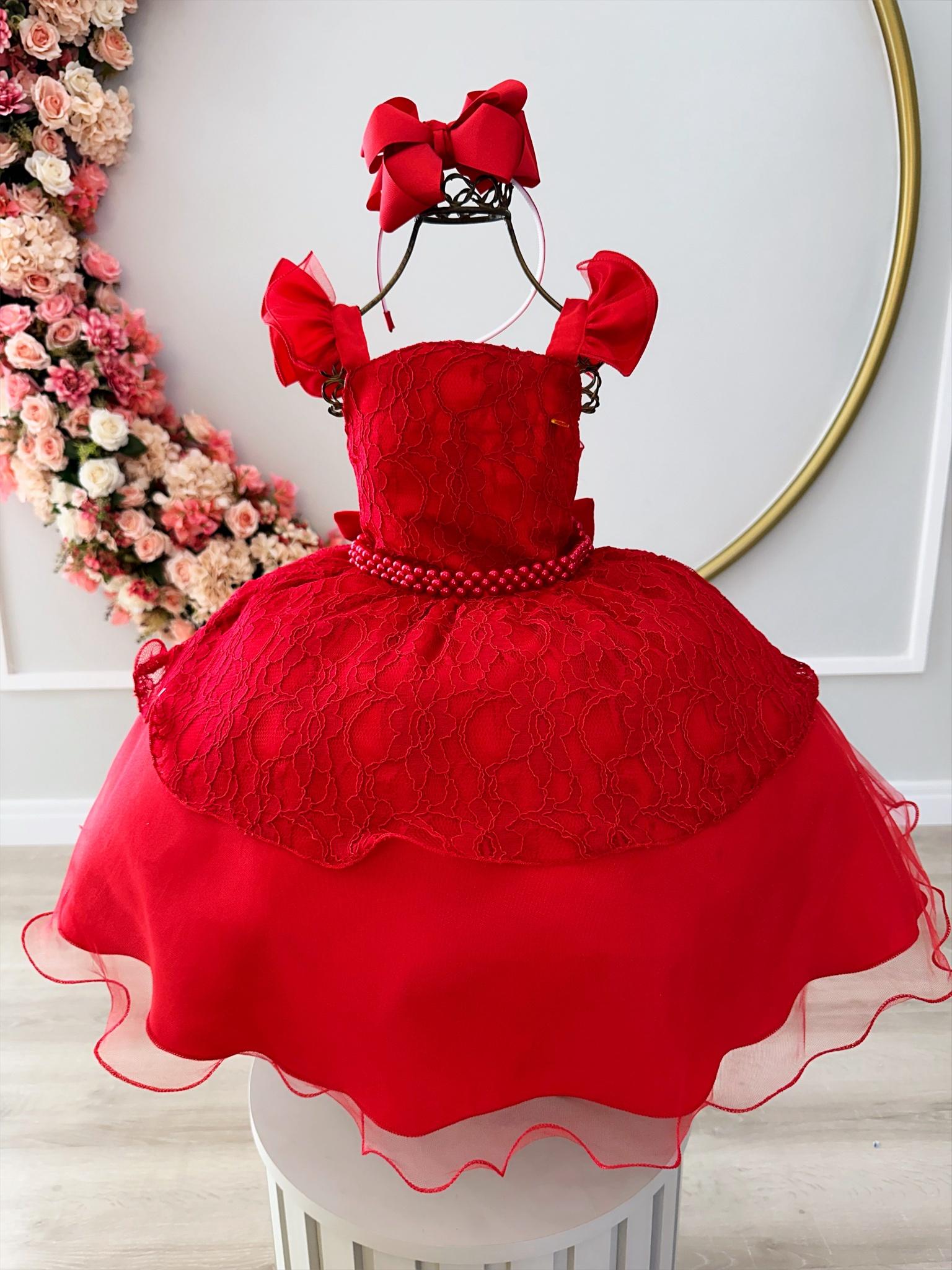 Vestido Infantil Vermelho Renda e Perolas Natal Festa - Fabuloso Ateliê