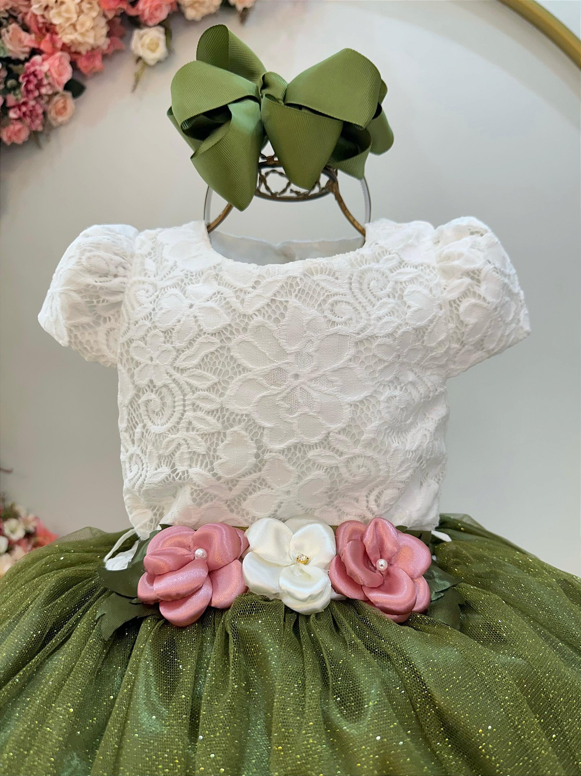 Vestido Infantil Off White Saia Verde Oliva Daminha Longo - Fabuloso Ateli