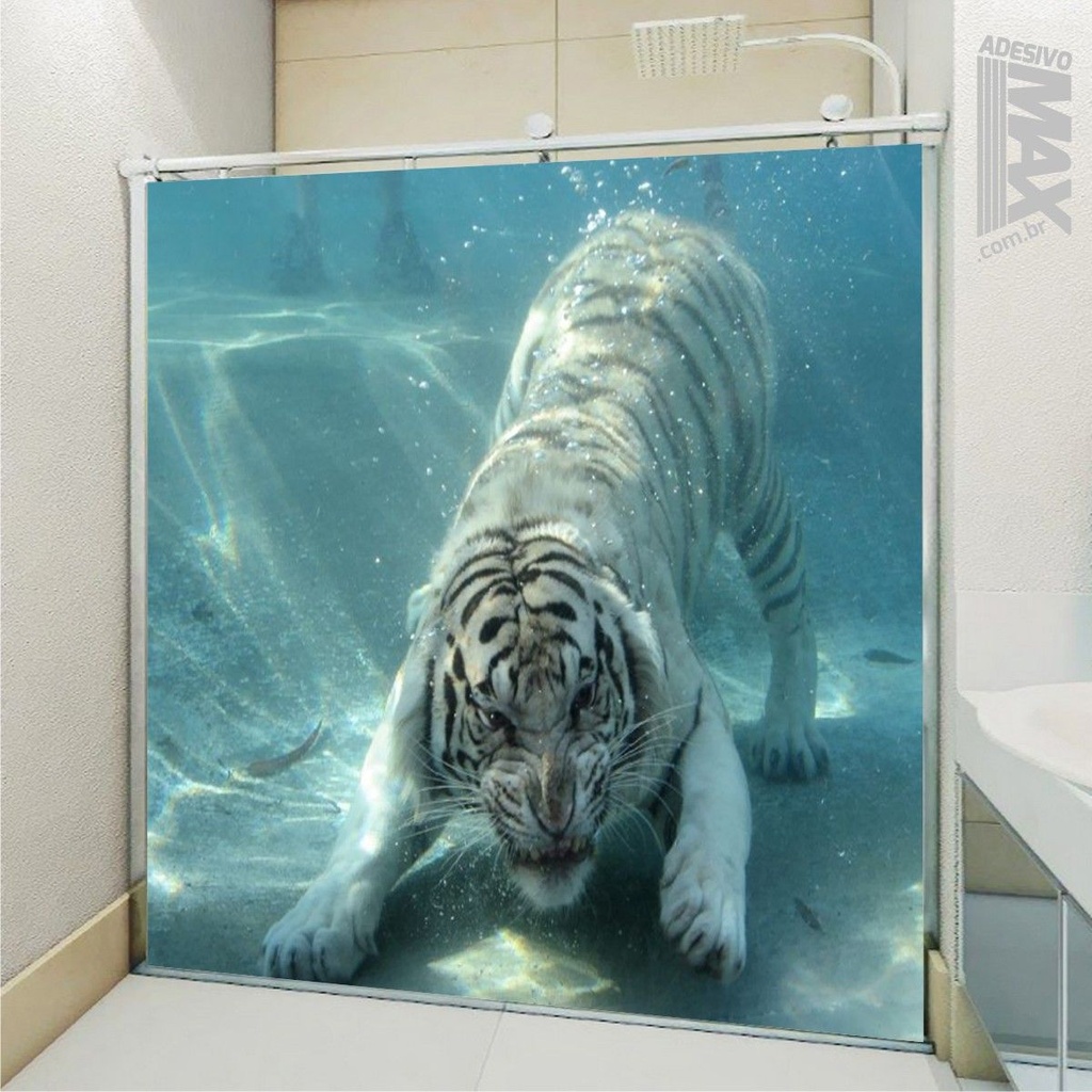 Adesivo Para Box De Banheiro 3d Tigre Branco II Largura Total Até 120cm