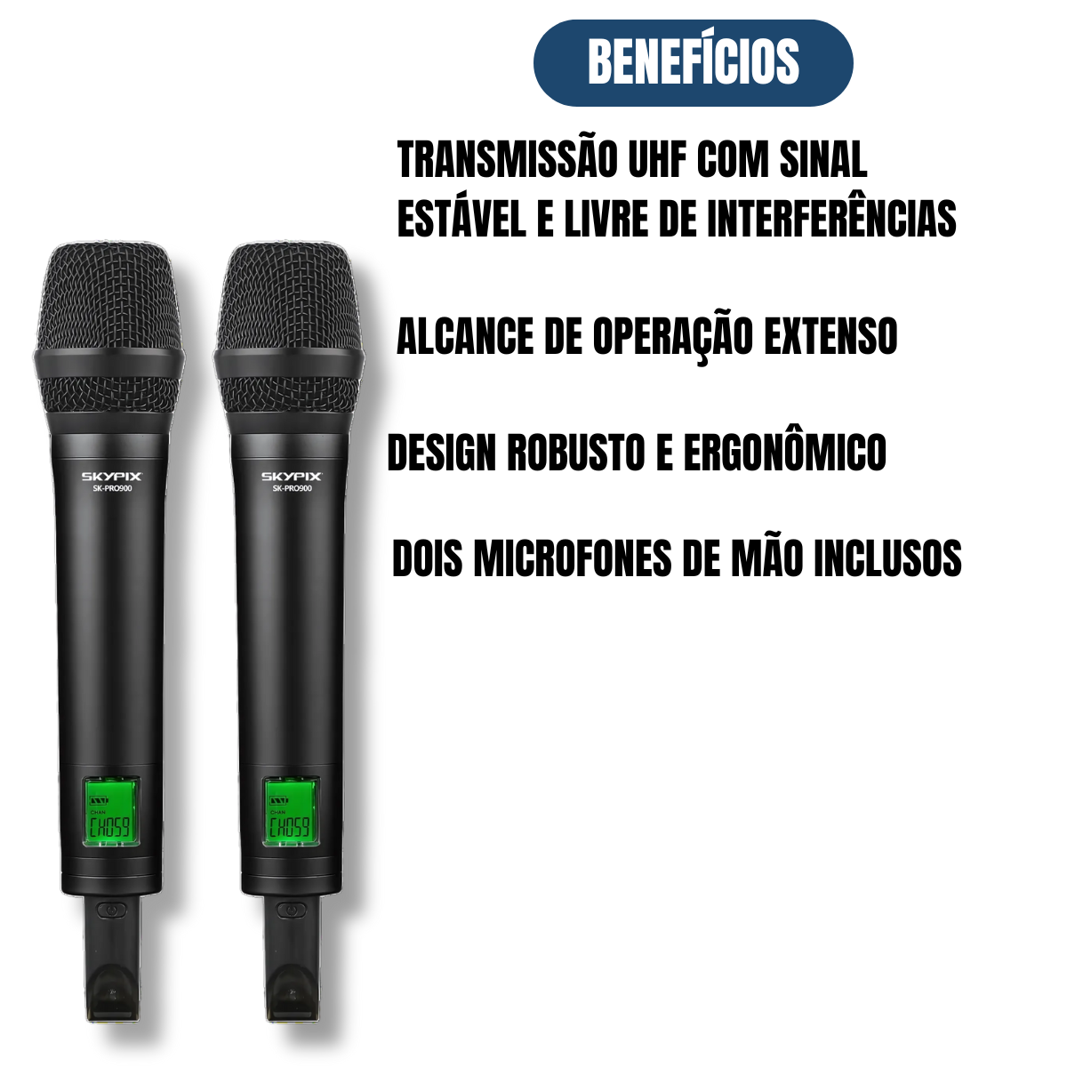 Microfone de Mão Duplo Sem Fio PRO SK-PRO900 | SKYPIX