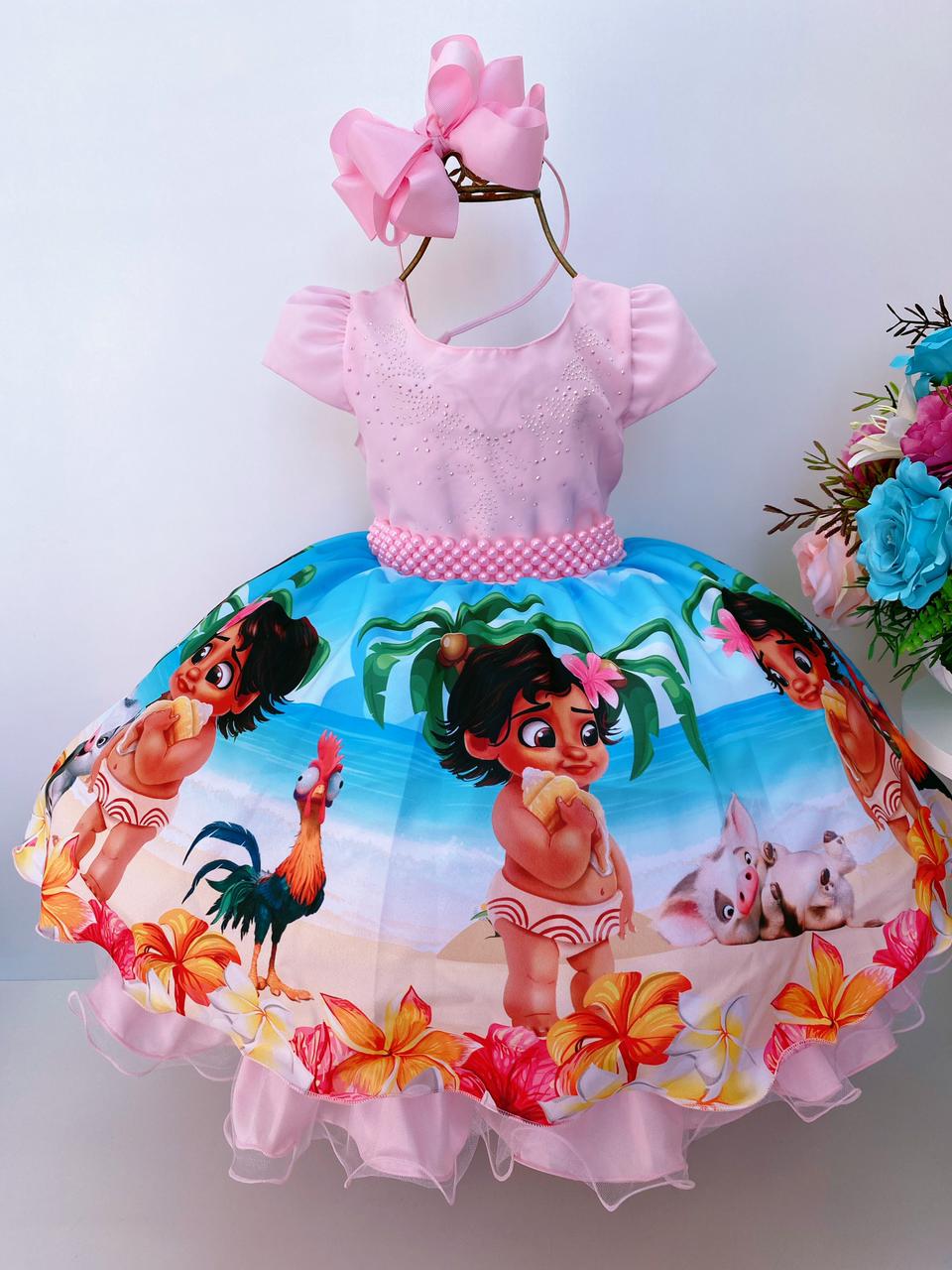 Vestido Infantil Tema Moana Baby Festa Roupa Luxo Promoção