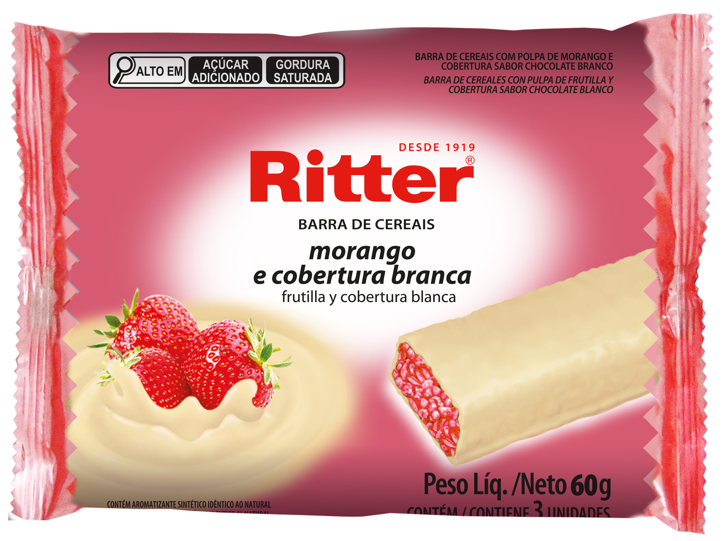 Barra de Cereal de Morango c/chocolate branco - 3un - Ritter Alimentos