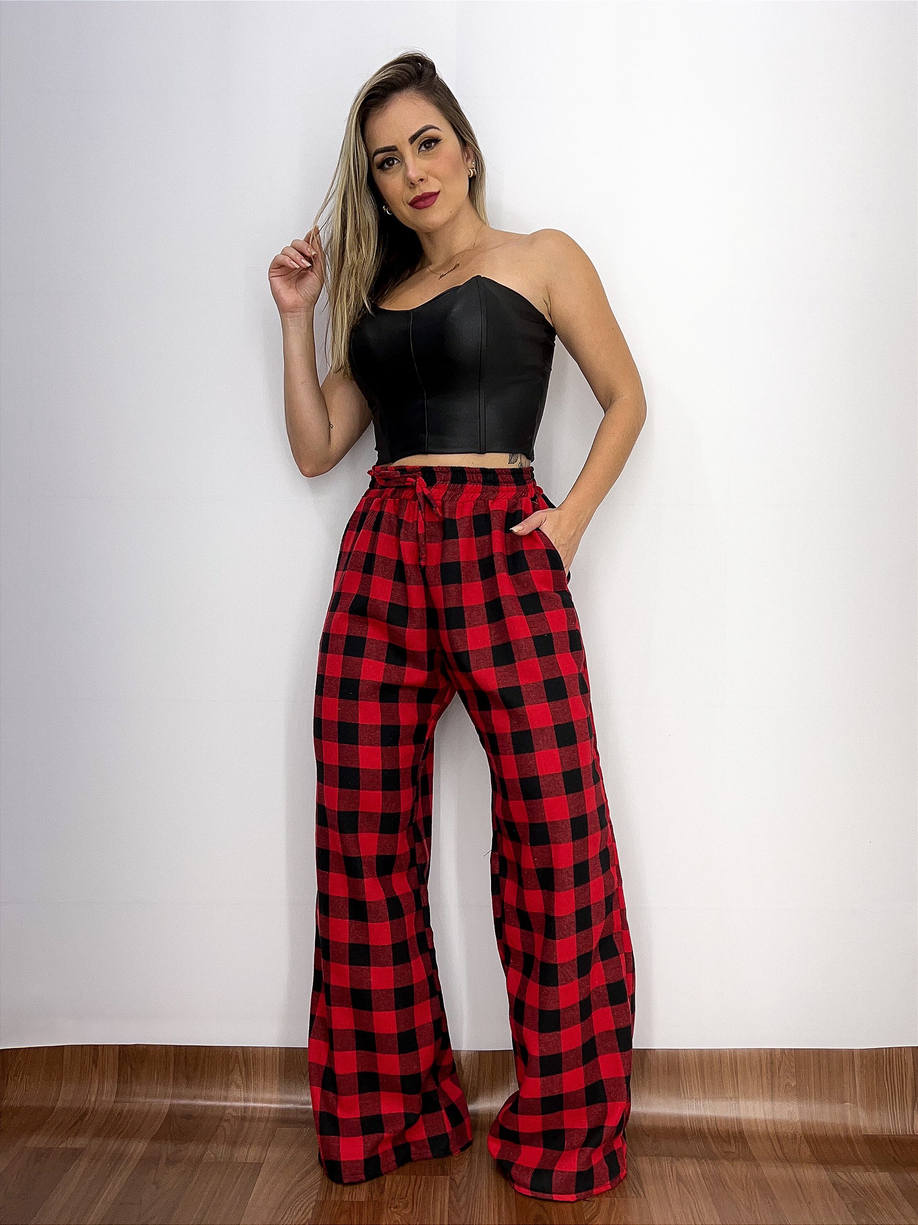 Calça legging xadrez best sale vermelha