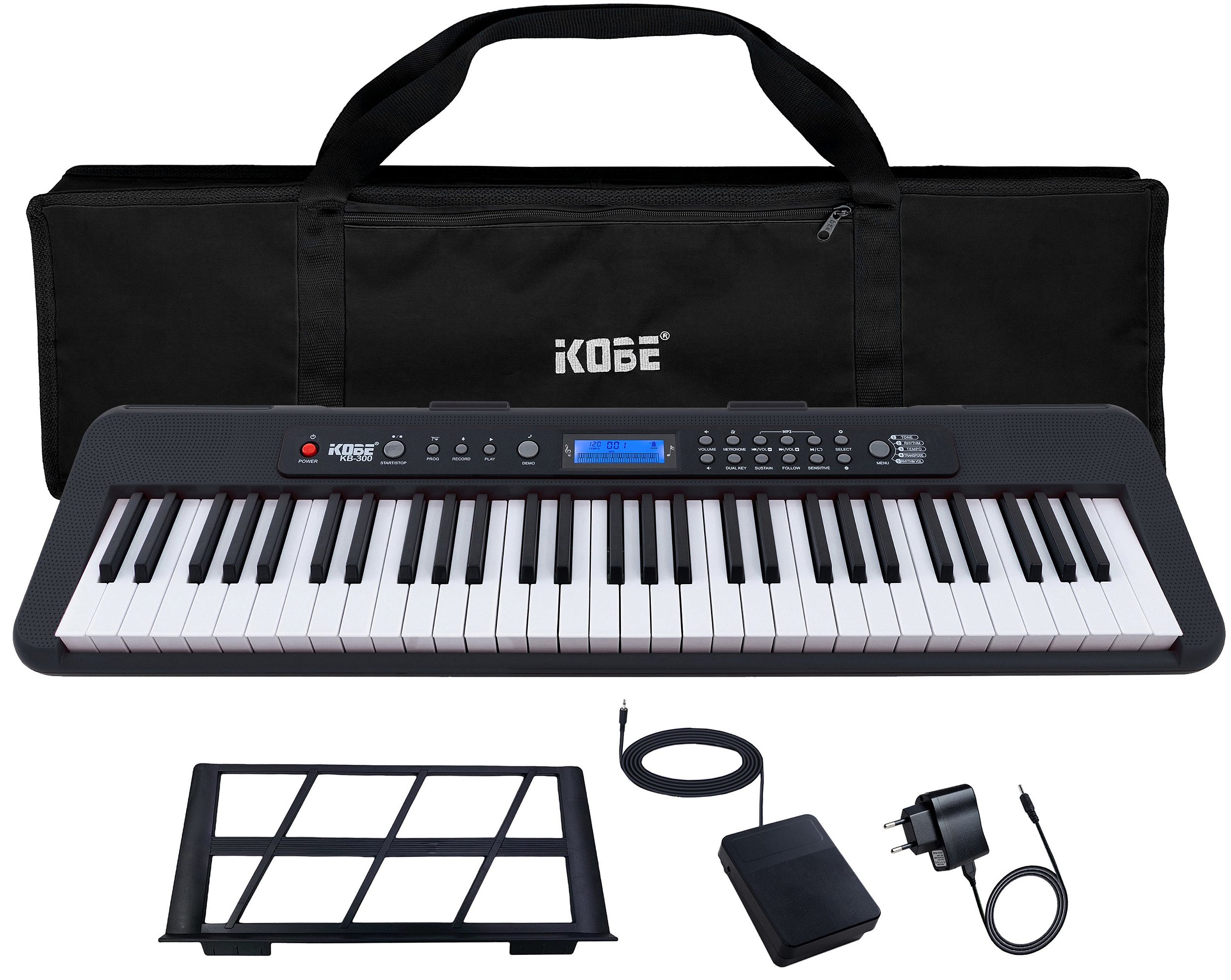 Kit Teclado Musical Arranjador Kobe KB-300 5/8 61 Teclas Sensitivas ao  Toque com Pedal Sustain e Capa Preta - Meu Teclado