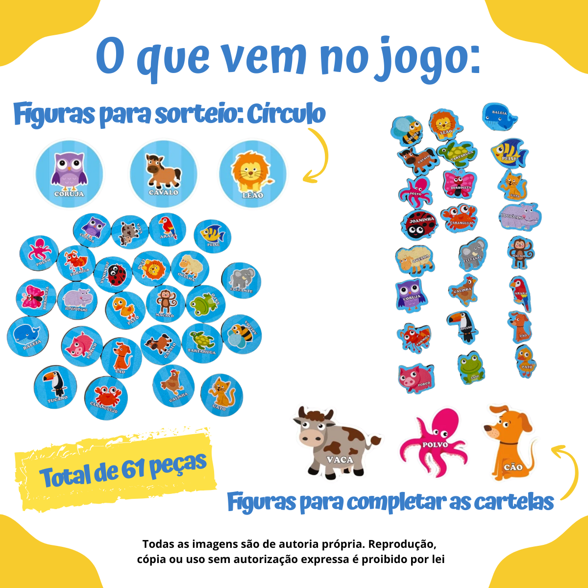 Jogo Infantil Bingo dos Bichos 65 peças em MDF Brinquedo Educativo