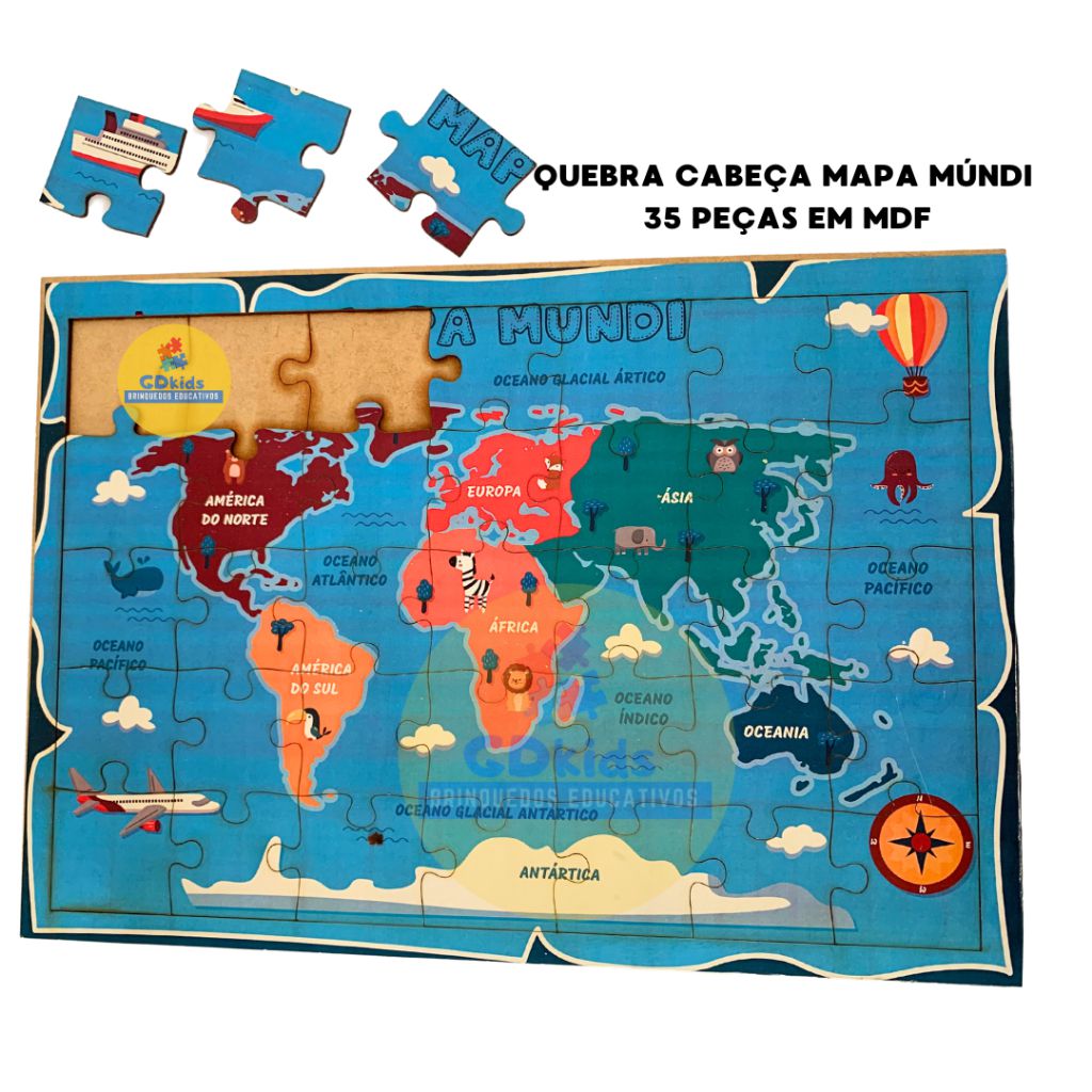 Quebra-Cabeça Mapa Mundi com 250 Peças 50x35cm