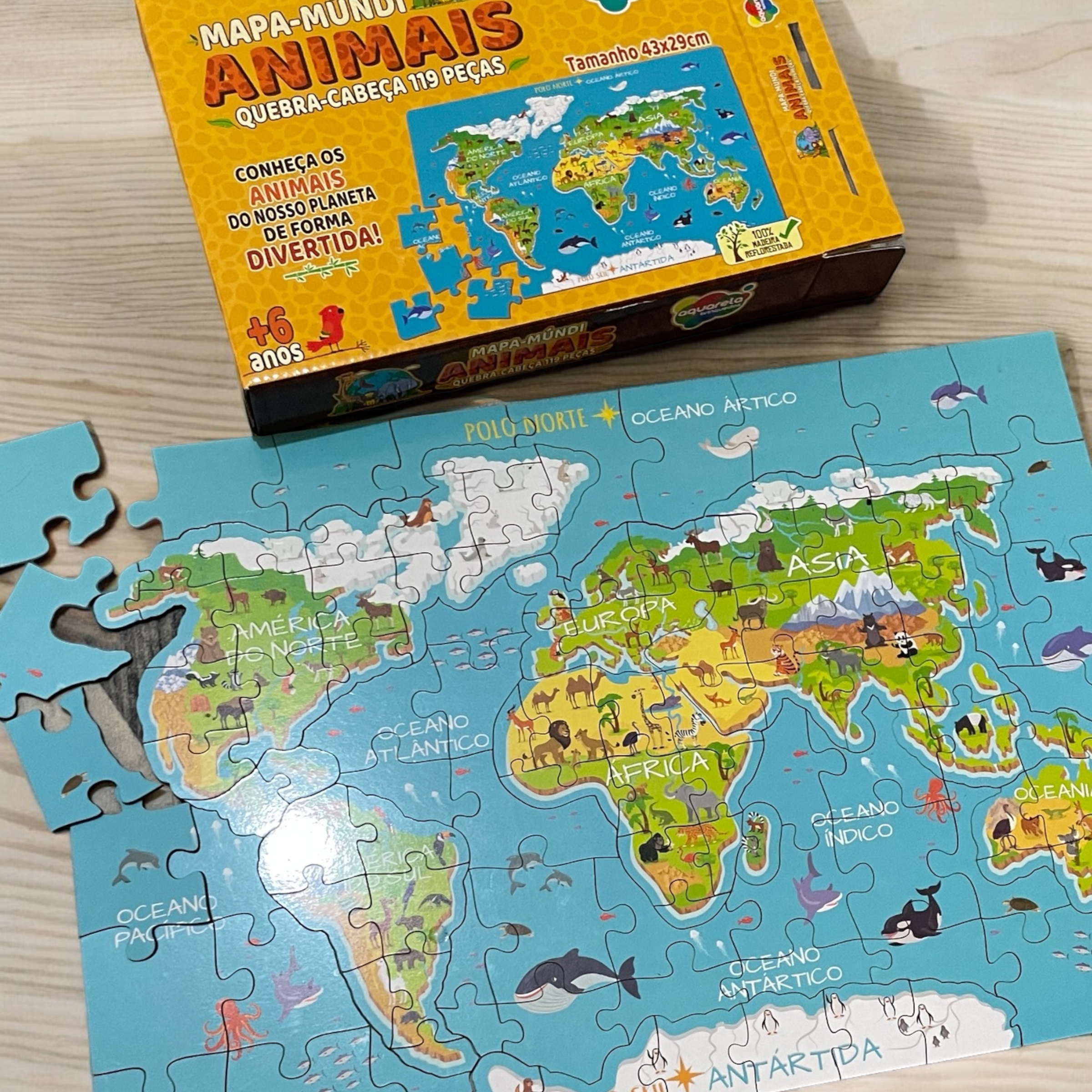 Quebra Cabeça Mapa Mundi Animais 119 Peças em MDF - GDkids Brinquedos ...